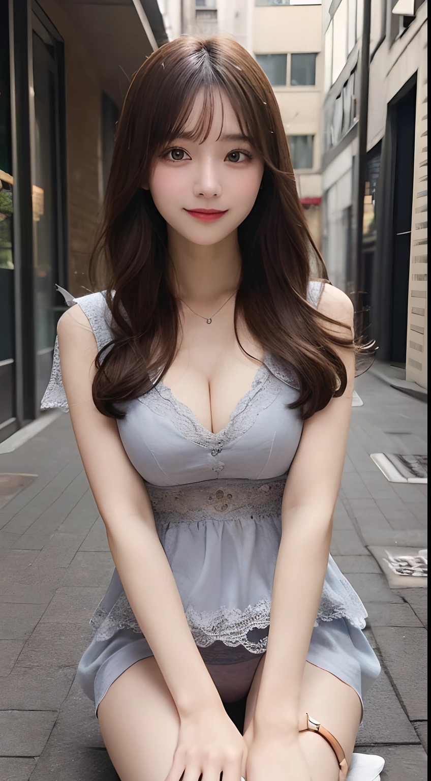 1girll、Masterpiece Mastepiece, Best Quality, Illustration, Ultra-detailed, finely detail, hight resolution, high-level image quality、8K Wallpaper, a Korean girl、韓国アイドル、Perfect dynamic composition, Beautiful detailed eyes, Random Dresses,Medium Hair, cleavage of the breast, Natural Color Lip, ((Spread your legs apart))、((I can see panties)),Beautiful skin、Smile,Street Walk、20 years girl