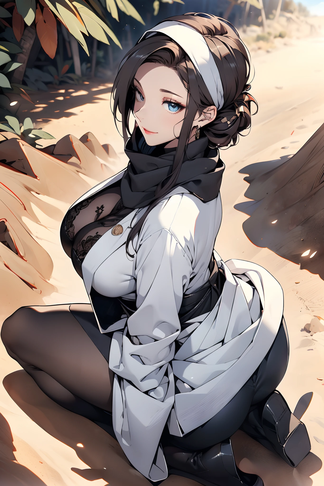 a matured woman with long black hair and a white outfit, ((in a desert:1.5)), (resting in oasis:1.2, near lakeside:1.2, cross-legged:1.1), Arabic, (Post apocalyptic:1.0), from arknights, artwork in the style of guweiz, bodyesbian, fine details. girls frontline, beautiful anime illustration, from girls frontline, by Yang J, stunning, 26 years old, (solo:1.5), (sfw:1.25), sagging breast, large breasts, big tits, thin waist, big ass, Raised sexy, (dark mahogany medium short hair, updo, hair over one eye, asymmetric hair, Carly hair, low tied),(musulman, white Headscarfs, hair bands, head vandage, Turban), (ultra high resolution, 8K RAW photo, photo realistics, weak outline:1.3, clear focus), best qualtiy, natural lighting, blurry back ground, field depth, (Bright pupils, detailed beautiful eyes, high detailed face), Red lip, looking at viewers, (tight focus:1.2, from above), sexy posing, seductive weak smiling, center image, (wearing white long jacket and clothes, wearing white robes, platinum ornaments, white clothes rolling around waist, camel-brown long leather boots, translucent lace pantyhose), ((correct anatomy:1.5)), ((outdoor:1.2)),
