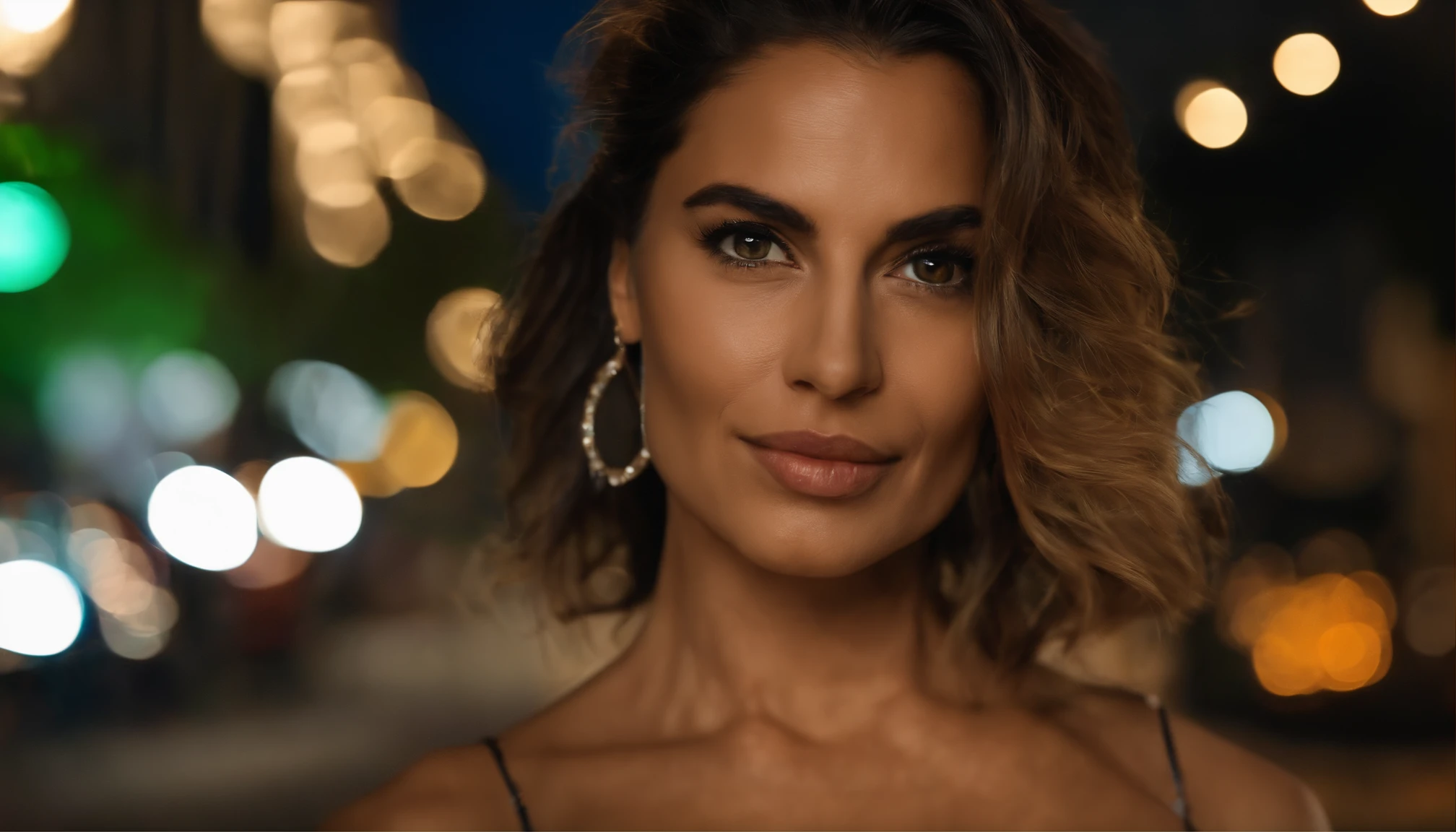 1woman, age40, green eyes Rio de Janeiro street,night, cityscape,city lights, upper body,close-up, 8k, RAW photo, best quality, masterpiece,realistic, photo-realistic,