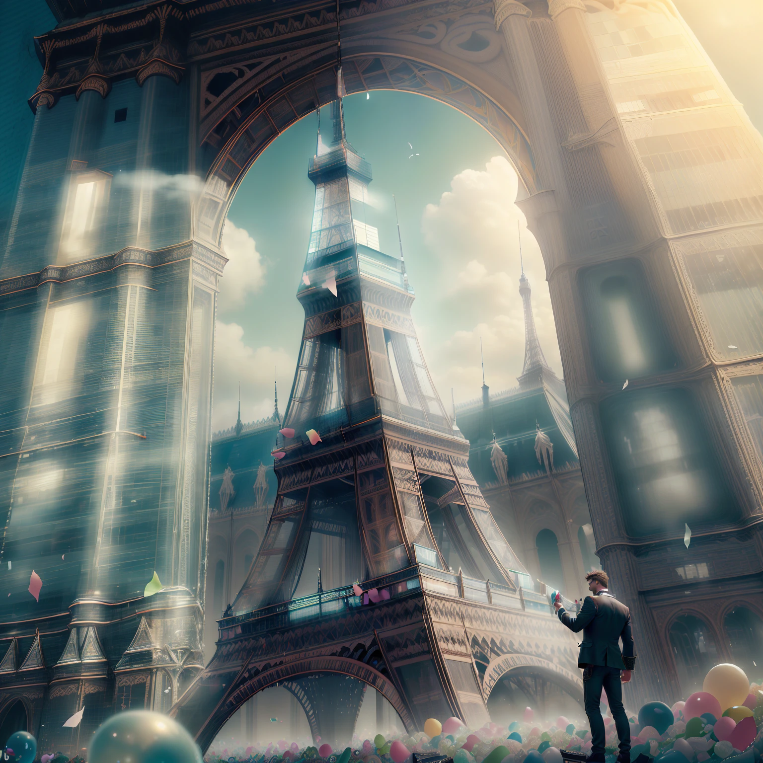 I would like an image with a man holding chewing gum in the elfel tower in paris with emphasis on the man