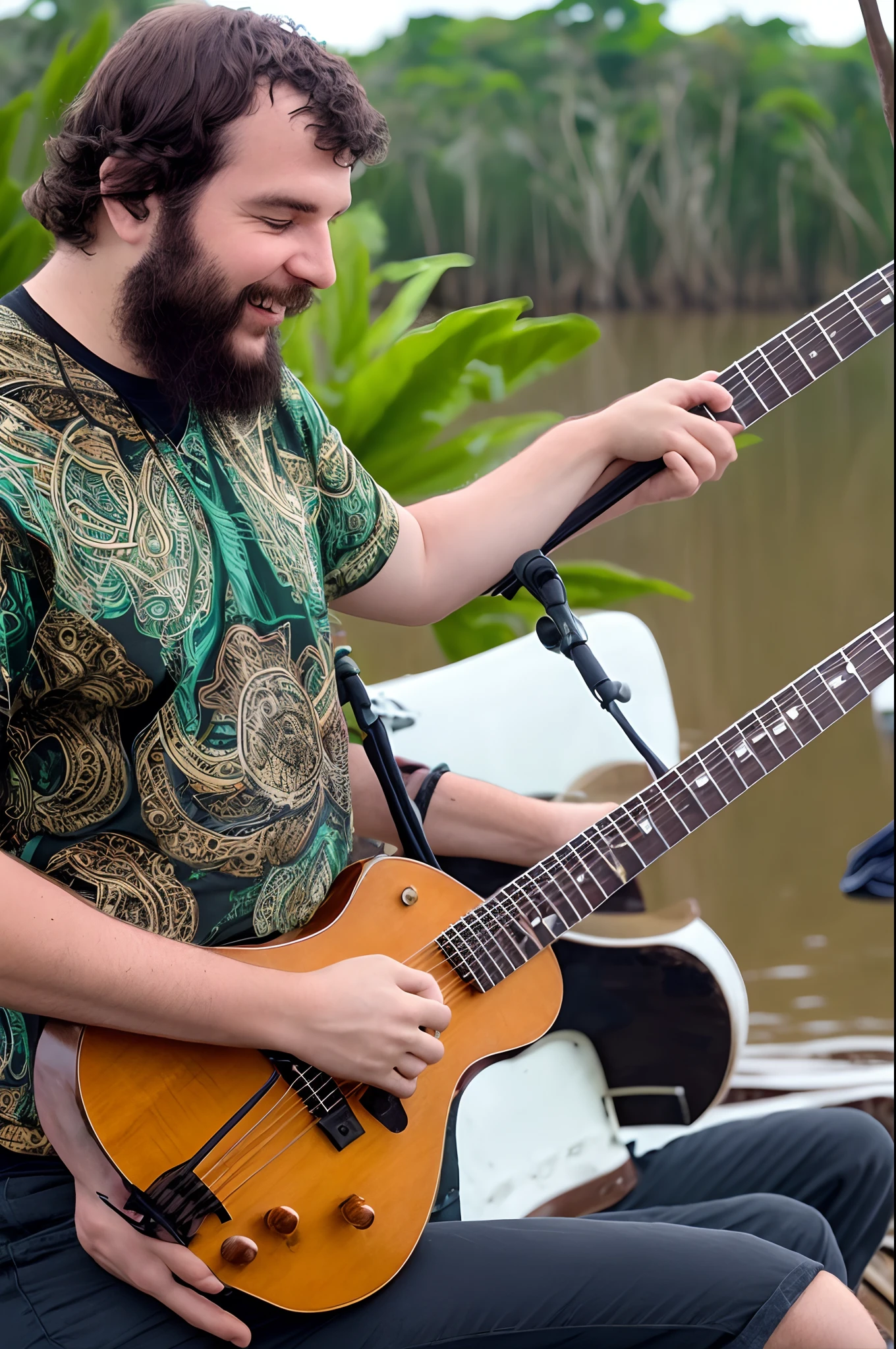 Homem de cabelo grande tocando baixo na amazonia com um beagle