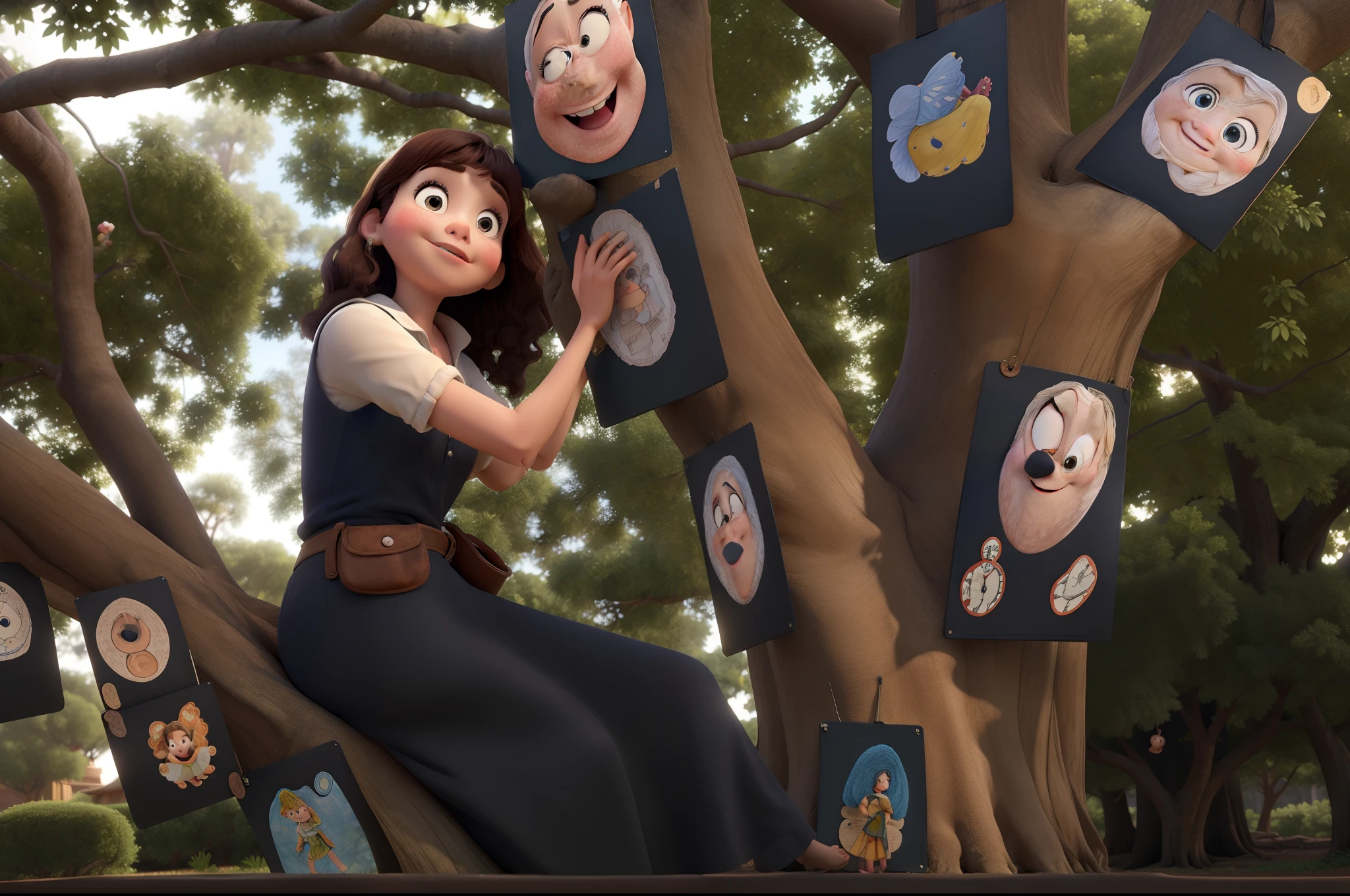 Girl on the tree with various drawings Disney Pixar style high quality, melhor qualidade.