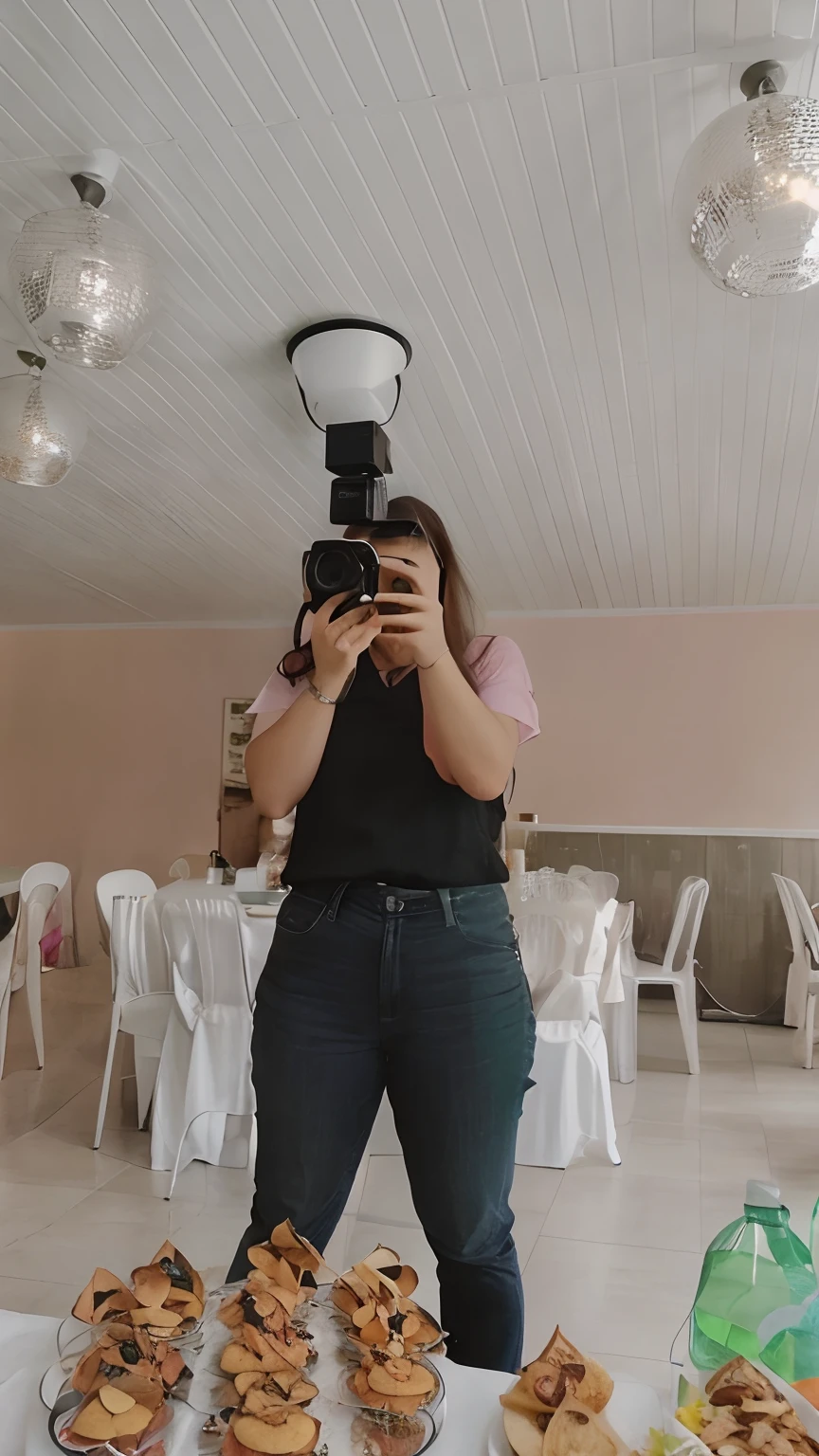 There's a woman taking a picture of a table with food, holding it out to the camera, foto de baixa qualidade, camera angle looking up at her, low quality video, full body in camera, camera looking up at her, looks into the camera, Filmagens de baixa qualidade, looking-into-camera, looking-into-camera, looking-into-camera, Malika Favre