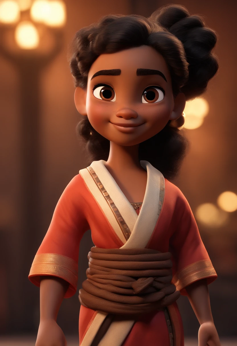 cartoon character of a 7 year old child, with dark skin, curly brown hair like Moana, tied in a ponytail style, with a black kimono with a white sash, animation character, stylized character, background of an arts academy martial arts, animation style rendering, 3d stylized, Arnold Maya render, 3d stylized rendering, toon rendering keyshot, 3d character, 3d character, stylized 3d rendering, 3d character rendering, cartoon character, close up character, Character Pose, (Pixar Style) (Masterpiece:1.2) (Bokeh) (Best Quality) (Detailed Skin) (Detailed Texture) (8k) (Clay) (Cinematic Lighting) (Sharp Focus)