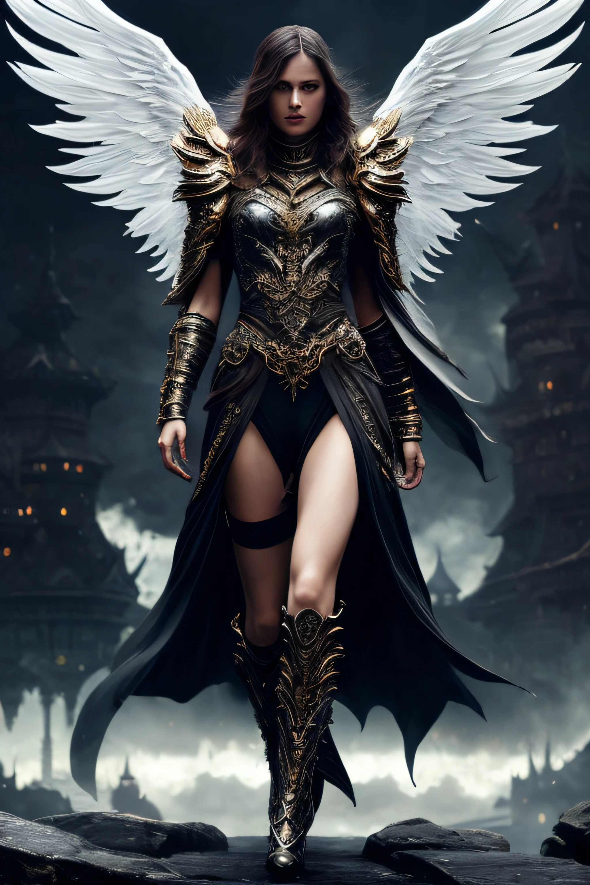 full body:1.6, walking pose, slow motion, (rogue thief:1.2) woman, multi-layered stitched,(white silk cloak), (intricately patterned cloth:1.2), (insanely detailed, flowering:1.5), (top quality, Alessandro Casagrande,
Greg Rutkowski, Sally Mann, concept art, 4k), (analog:1.2), (high sharpness), (detailed pupils:1.1), (painting:1.1), (digital painting:1.1), detailed face, eyes and body, masterpiece, best quality, (highly detailed photo:1.1), 8k, photorealistic, (long curvy hair, ecstasy:1.1), (young woman:1.1), by jeremy mann, by sandra chevrier, by maciej kuciara, sharp, (perfect body:1.1), realistic, real shadow, 3d, (europe castle background:1.2), (by Michelangelo), angel of death, innocent, eyes, diadem, angel wings, black clothes, full body, arms behind back, sky, halo, post-apocalypse, detailed armor