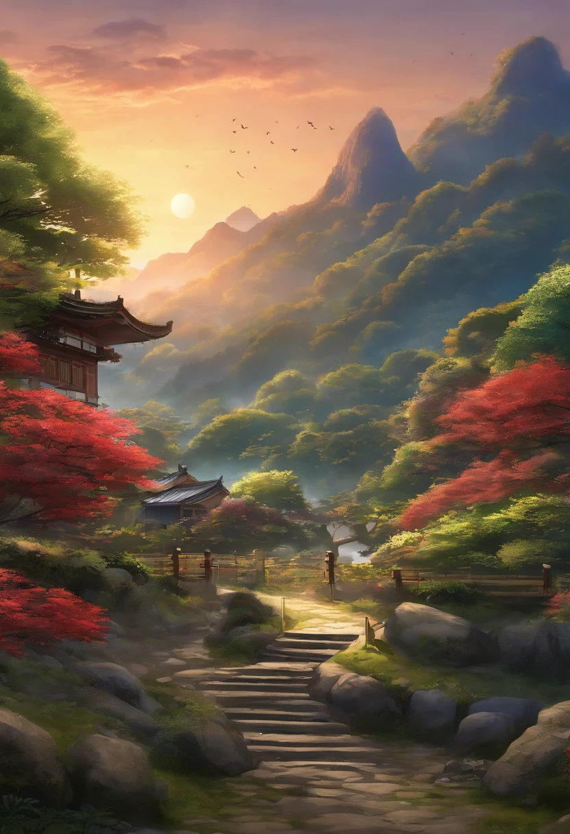 Beautiful sanctuary landscape, Cereja, Pinheiros, arte de fundo do anime, Art style of Japan, bela cena de anime, detailed scenery - width 672, Arte de fundo, Paisagem do anime, Fundo do anime, beautiful anime scenery, bela cena de paz em anime, arte de paisagem, Japan Village, arte conceitual de paisagem anime, 8k))