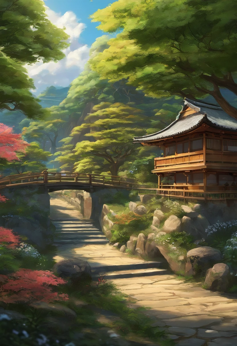 Beautiful sanctuary landscape, Cereja, Pinheiros, arte de fundo do anime, Art style of Japan, bela cena de anime, detailed scenery - width 672, Arte de fundo, Paisagem do anime, Fundo do anime, beautiful anime scenery, bela cena de paz em anime, arte de paisagem, Japan Village, arte conceitual de paisagem anime, 8k))
