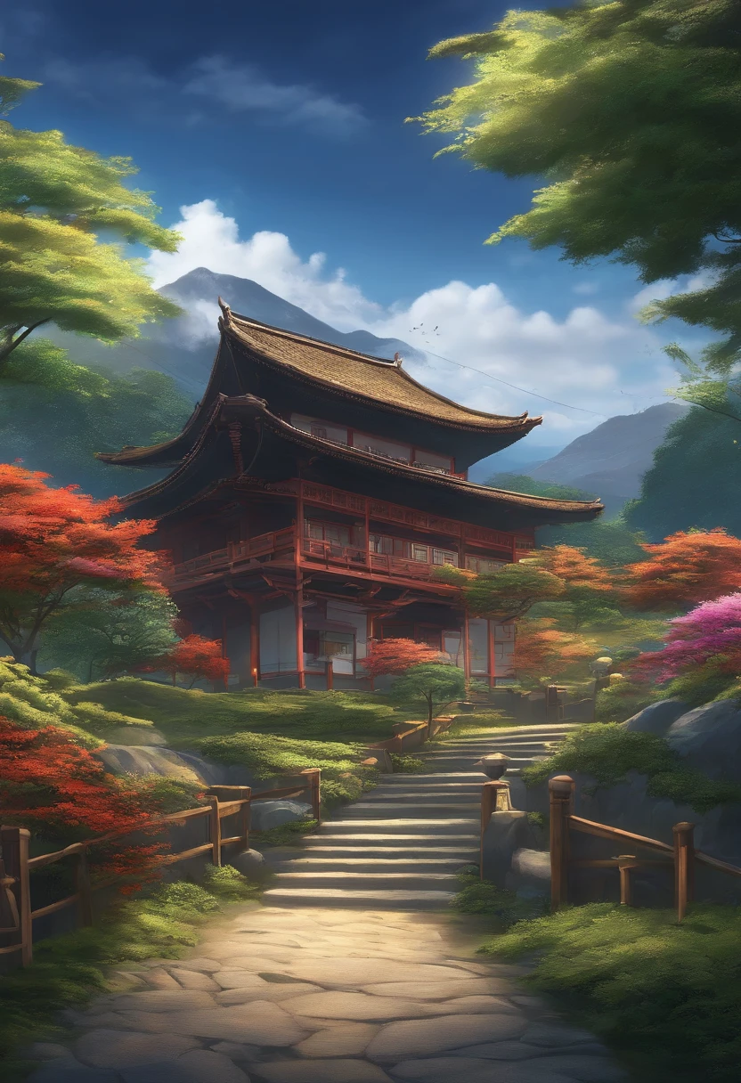 Beautiful sanctuary landscape, Cereja, Pinheiros, arte de fundo do anime, Art style of Japan, bela cena de anime, detailed scenery - width 672, Arte de fundo, Paisagem do anime, Fundo do anime, beautiful anime scenery, bela cena de paz em anime, arte de paisagem, Japan Village, arte conceitual de paisagem anime, 8k))