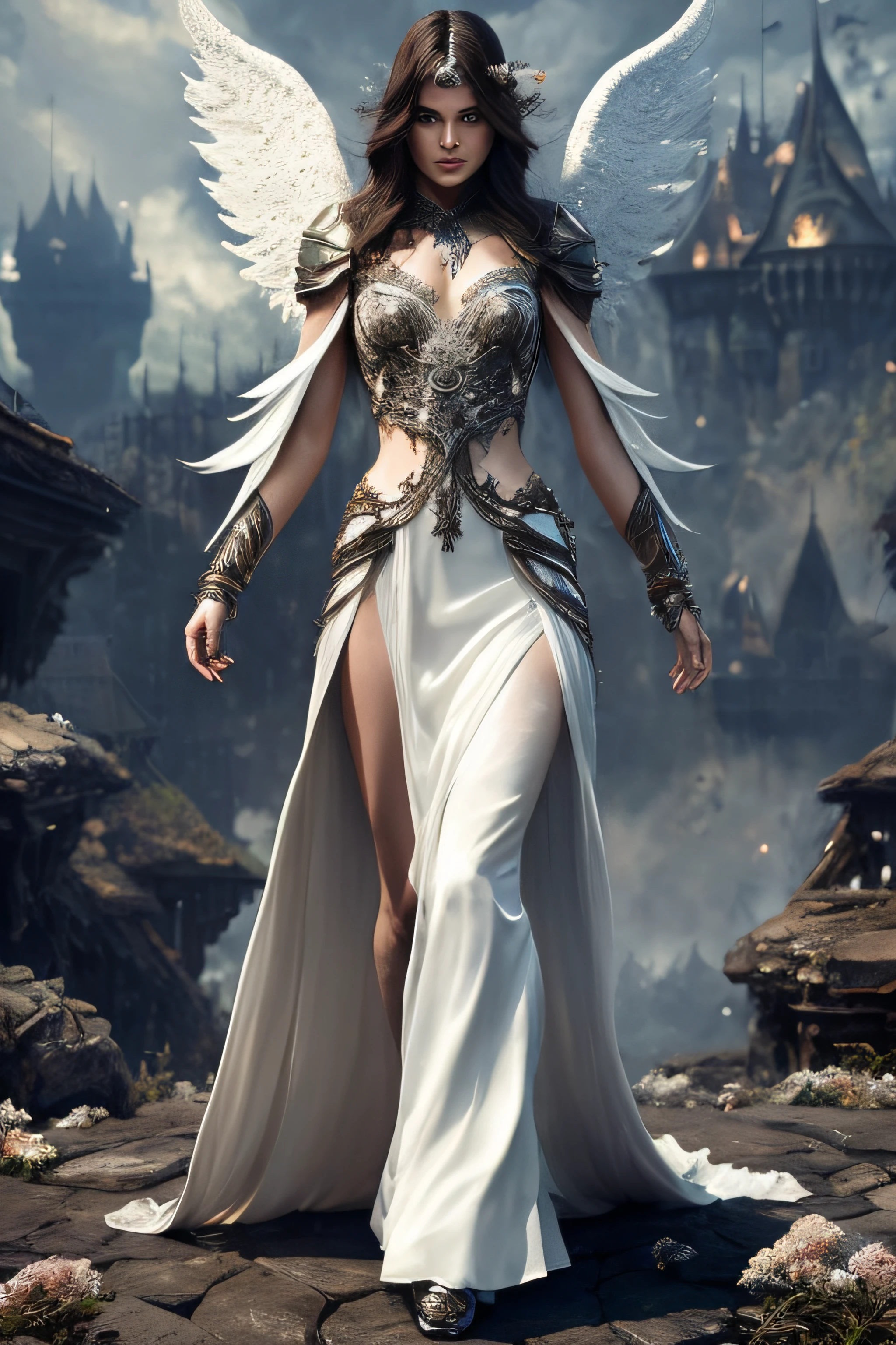 full body:1.6, walking pose, slow motion, (rogue thief:1.2) woman, multi-layered stitched,(white silk cloak), (intricately patterned cloth:1.2), (insanely detailed, flowering:1.5), (top quality, Alessandro Casagrande,
Greg Rutkowski, Sally Mann, concept art, 4k), (analog:1.2), (high sharpness), (detailed pupils:1.1), (painting:1.1), (digital painting:1.1), detailed face, eyes and body, masterpiece, best quality, (highly detailed photo:1.1), 8k, photorealistic, (long curvy hair, ecstasy:1.1), (young woman:1.1), by jeremy mann, by sandra chevrier, by maciej kuciara, sharp, (perfect body:1.1), realistic, real shadow, 3d, (europe castle background:1.2), (by Michelangelo), angel of death, innocent, eyes, diadem, angel wings, black clothes, full body, arms behind back, sky, halo, post-apocalypse, detailed armor