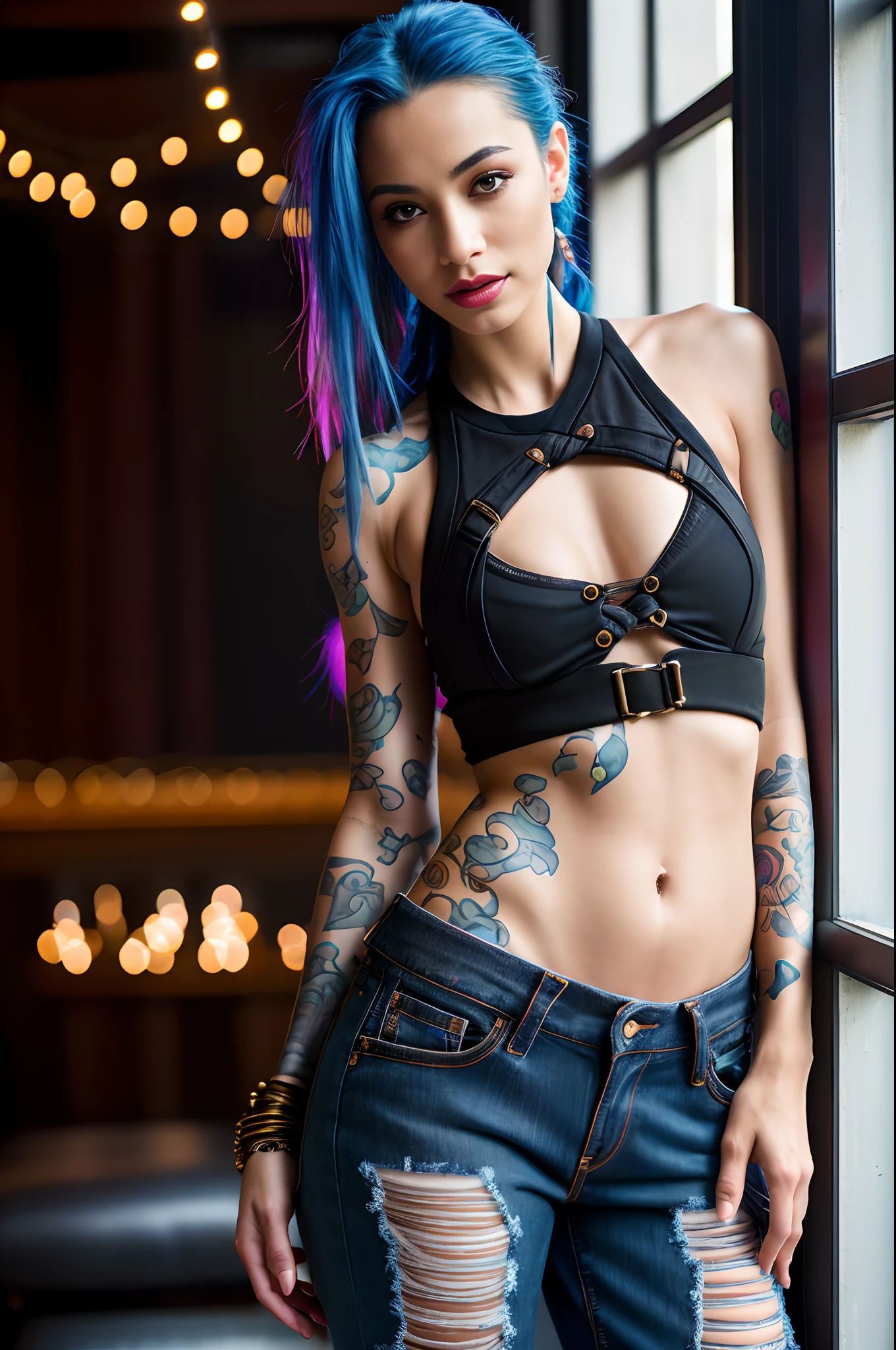 Jinx, (high detail skin:1.2), (high detail face), sexy clothing, ripped jeans, (photo-realistic:1.4), best quality, Masterpiece, rim lighting, back lighting, studio lighting, RAW photograph, 50mm lens, bokeh, depth of field, by Annie Leibovitz