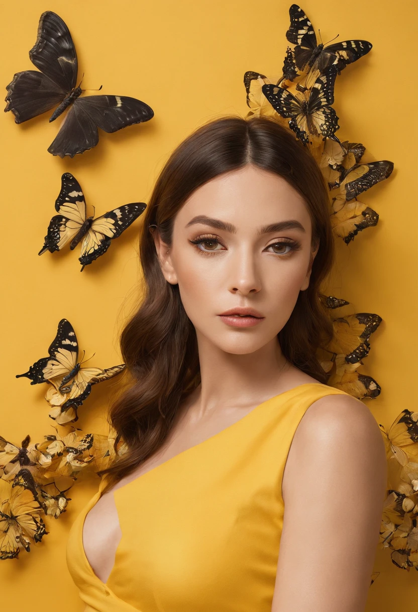 araffe woman in yellow dress standing in front of a wall with butterflies, a portrait inspired by national geographic, pexels contest winner, street art, yellow butterflies, butterflies, yellow clothes, butterfly, fine art fashion photography, harmony of butterfly, butterflies in the foreground, on a yellow canva,fashion photography, shades of yellow, karla ortiz,medium shot