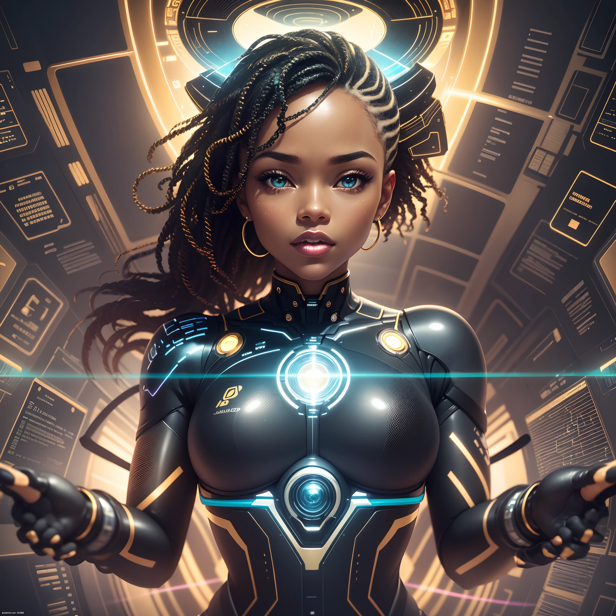 a cybernetic ebony woman naked in in a futuristic library with a holographic roof