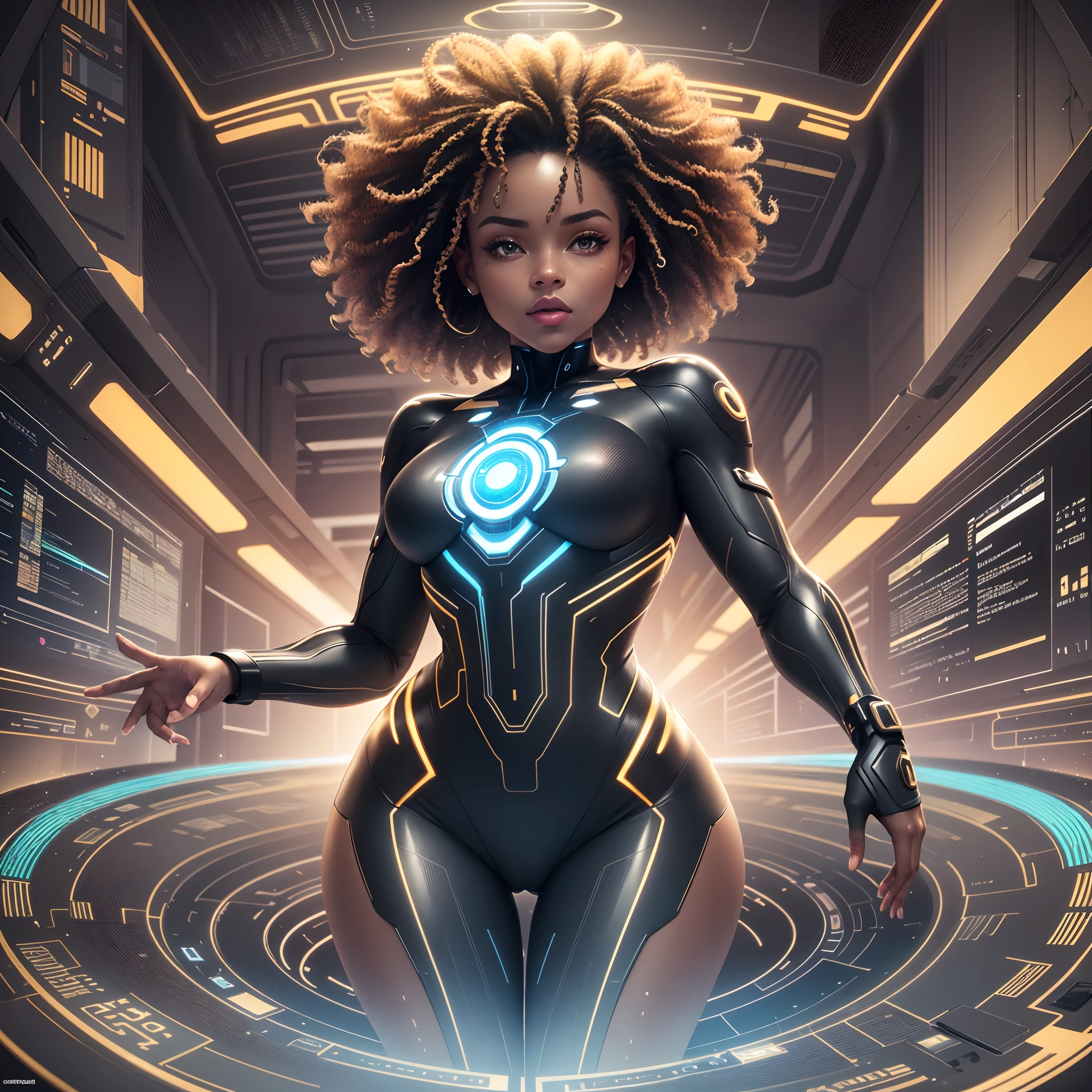 Electronic waves  in shape of a black woman floating inside a computer system, interior of a computer system with waves in shape of a woman, chips and digital codes floating around her, with bright and vibrant golden sparkling light,  with beautiful iridescent light, artgerm style, 32k, ultra HD, unreal engine rendered, hyper-realistic image --auto --s2