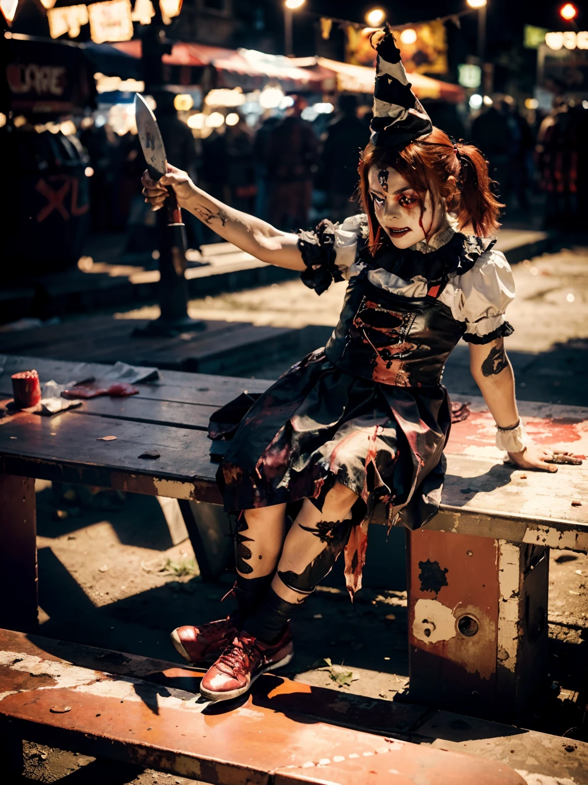 Blood covers 8 year old girl, in clown costume sitting on very bloody bench with a bloody knife in her hand, bright Red hair, covered in bloody, bloody costume, ultra bloody scene, wearing accurate clown makeup, dead bloody body parts laying on the bench beside her, ultra bloody, full body with costume, very demonic, carnival rides with lights, dark night time scene, cinematic style, scary atmosphere, horror scene, ultra detailed, 8k, horror graphics, evil scene, ultra detailed, ultra realistic,