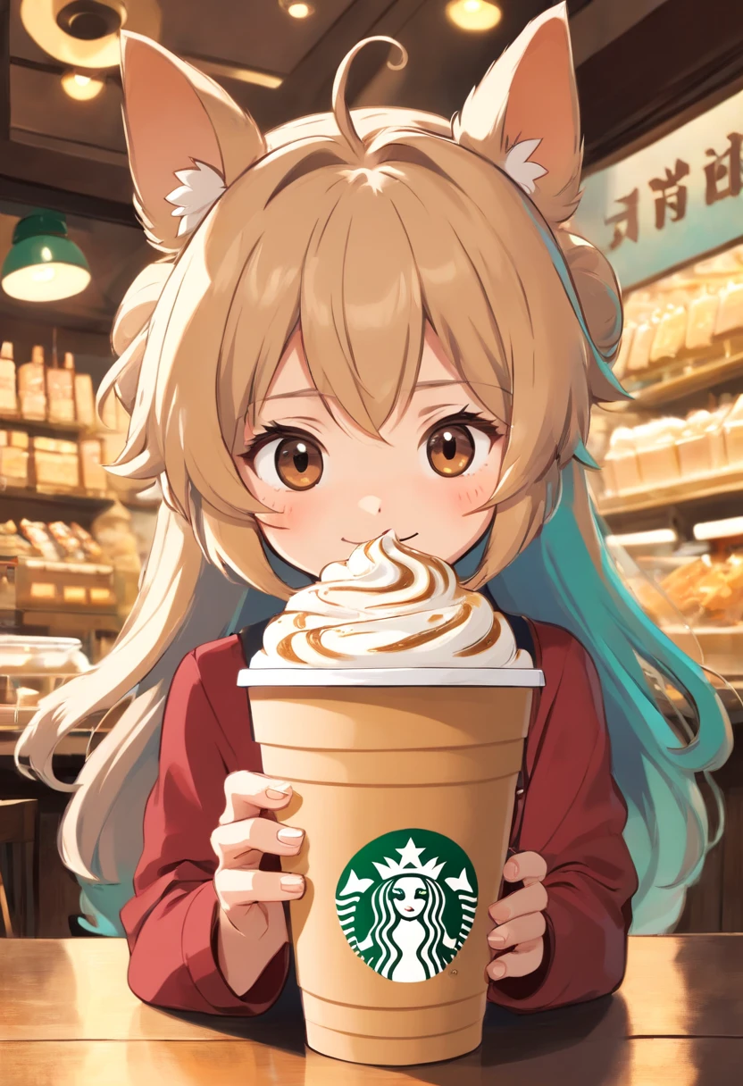 unique, Cute playful cartoonish Yorkshire terrie, Fraappuccino colorido estilo Starbucks, Chuchu logo.