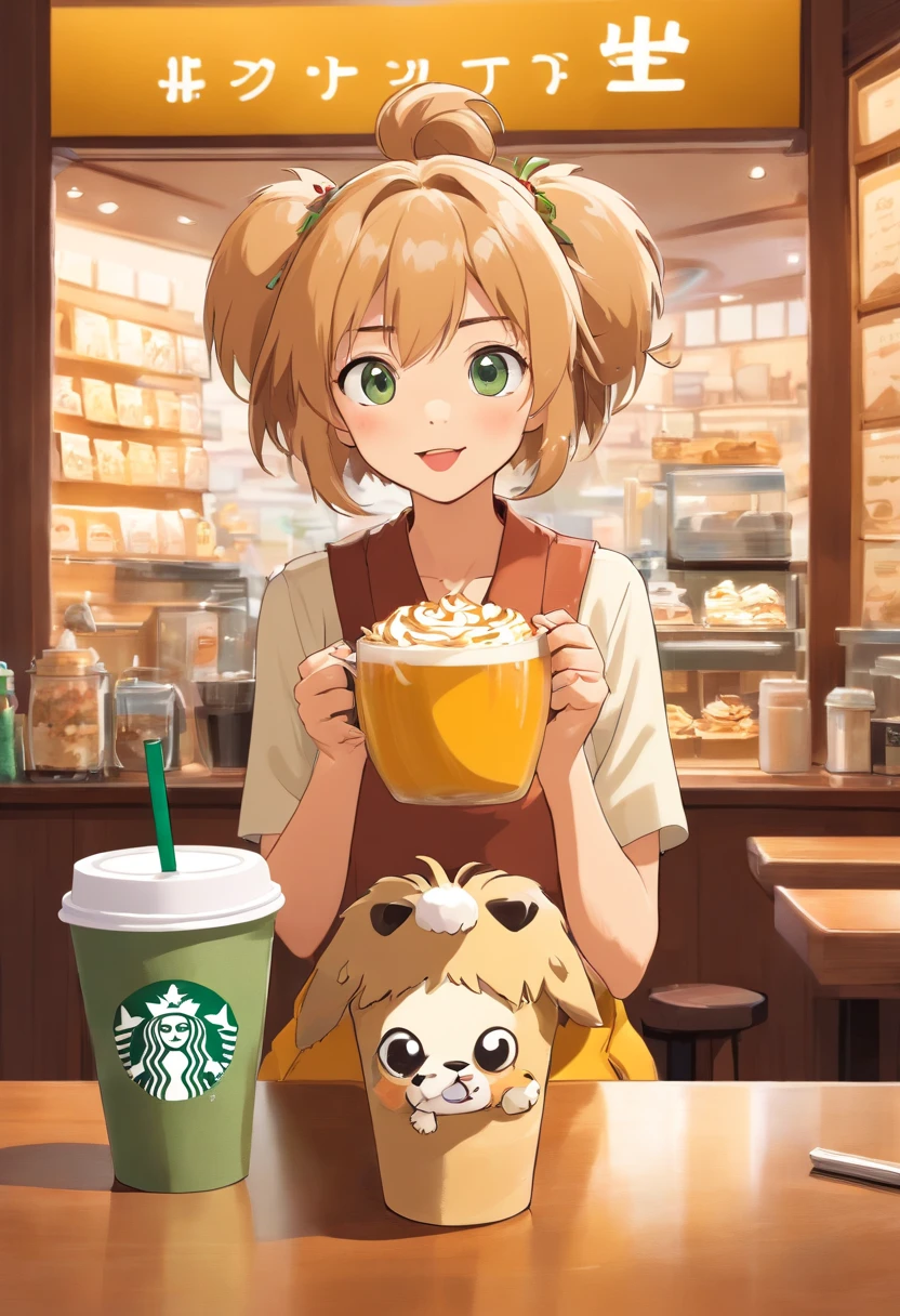 unique, Cute playful cartoonish Yorkshire terrie, Fraappuccino colorido estilo Starbucks, Chuchu logo.