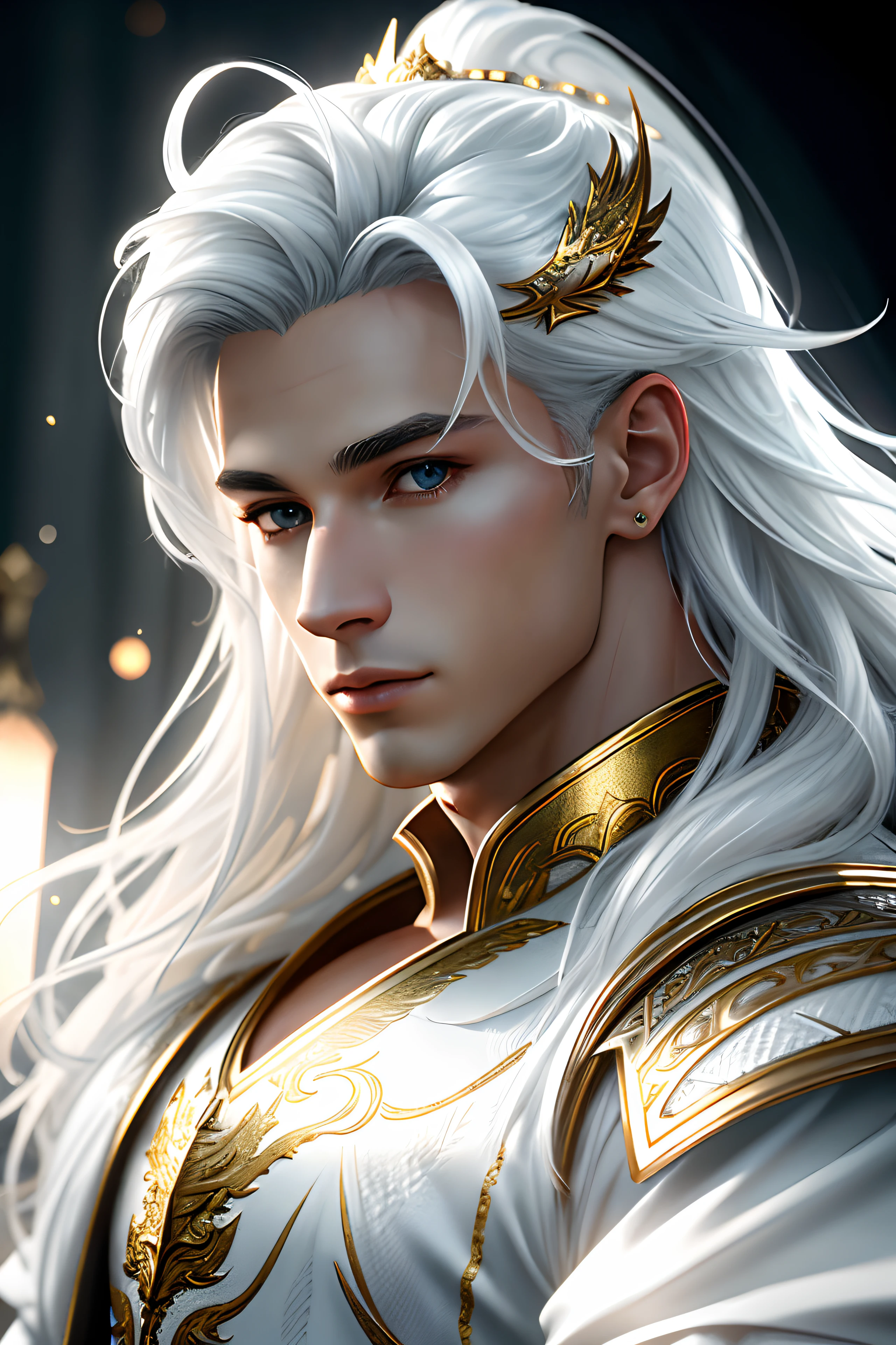 masterpiece, highest quality, (solo focus), (perfect face:1.1), (high detail:1.1),dramatic, 1guy, (pale skin), long white hair, white eyes, [light eyebrows], solo, long hair, moon, night, white luxury suit, covered navel, pouty lips, (beauty marks),  palace, detailed background, art by artgerm and greg rutkowski,  cinematic lighting, roses, suggestive