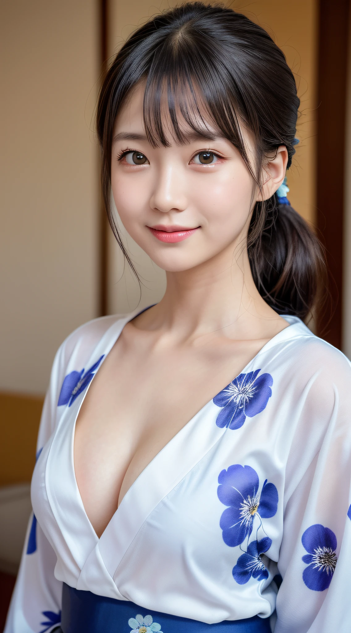 (1girl), ponytail, Extremely cute face, Amazing face and eyes, (Highly detailed eyes, Highly detailed face), fresh, Very clean appearance, (Hyper-realistic, hight resolution), (Best Quality:1.4), (hyper quality), Authentic skin texture, Raw photo, (Realistic, Photorealsitic:1.37), highly detailed, Professional Photography, (floral pattern yukata:1.5), (Open yukata), (cleavage:1.2), (Bare shoulders), Smile slightly, (Staring at me), Bedroom, girl portrait,