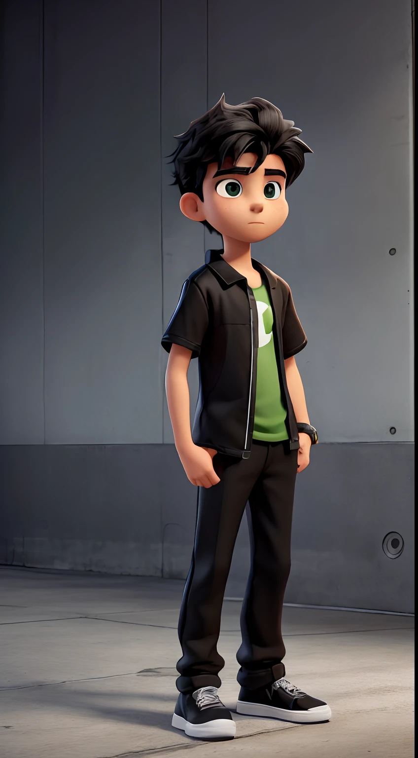Boy , black hair, black pants, black t-shirt, green dress shirt on top, hair combed to the side, black sneakers with white soles, heroic look, courageous, ready to face an enemy, high resolution, 8k, hard drive