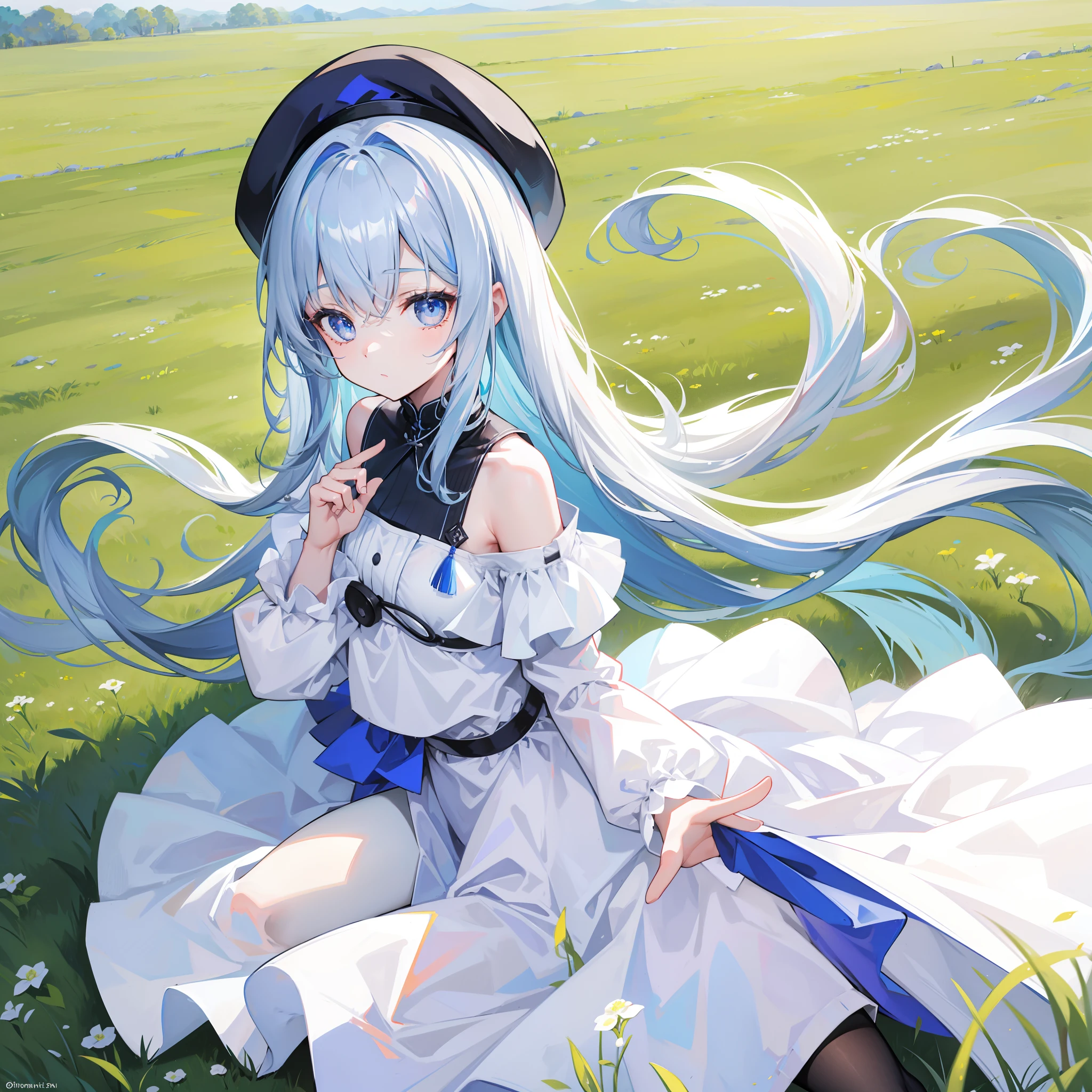 the vast grassland, A girl in a long white dress、I was standing alone in the distance and looking down,Blue pupil,White beret,Fine black stockings, Both hands are naturally placed behind the back.