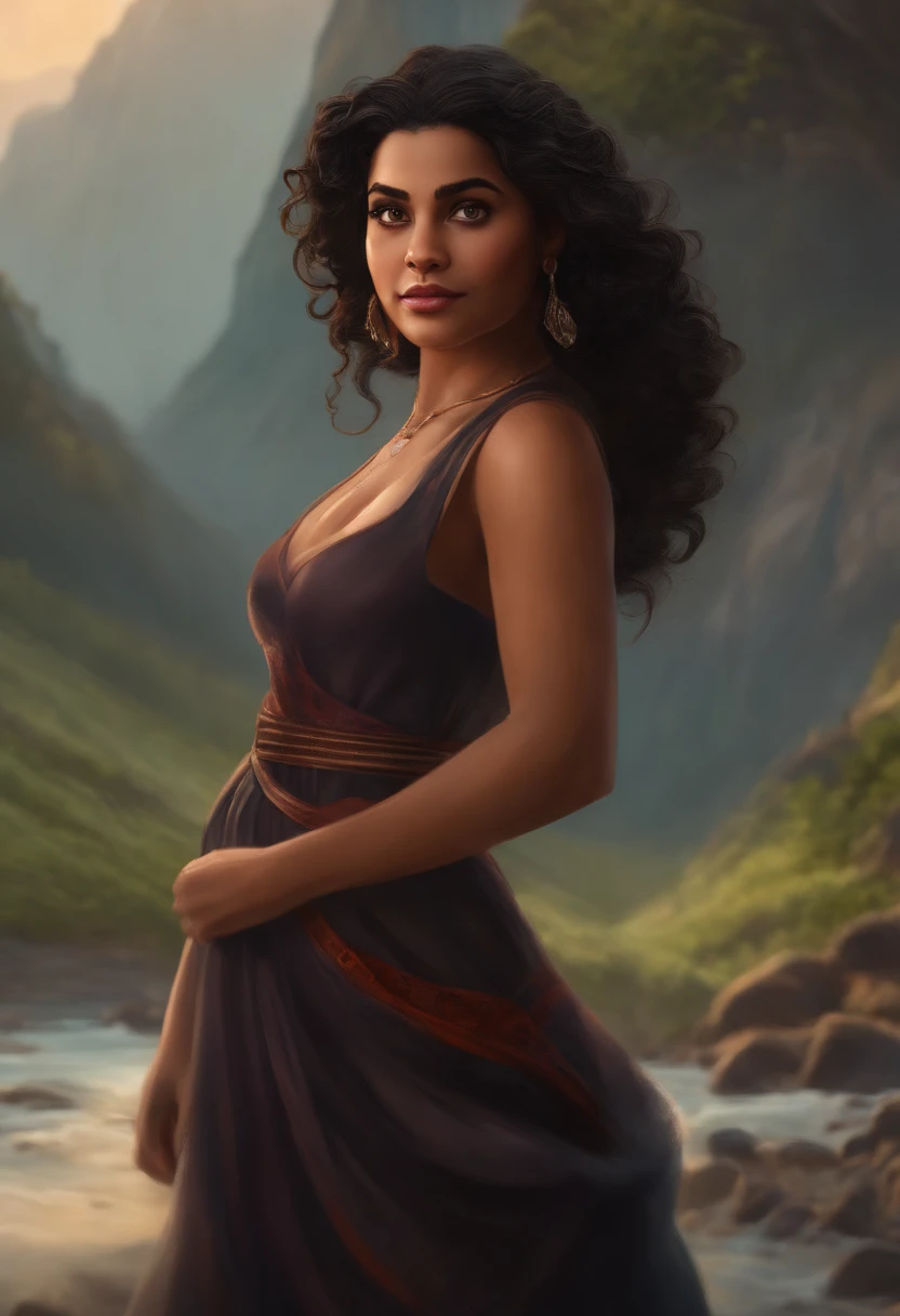 personagem de um desenho animado, uma morena clara, cabelos compridos e pretos, tirando leite de uma vaca no curral com seu pai de cabelos pretos.
