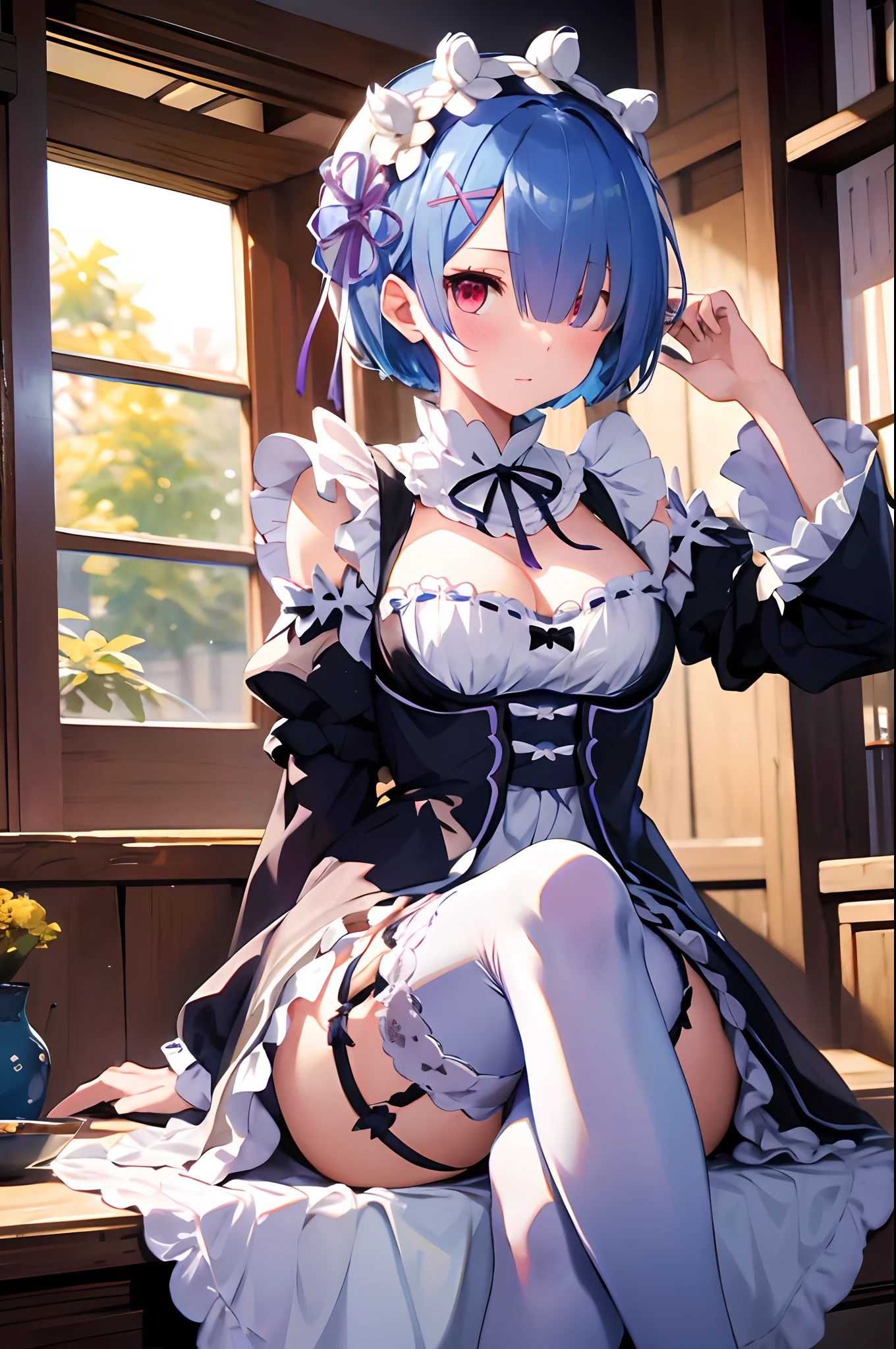 巨作, Best Quality, highres, Ram1, 1girl, 独奏, Reem \(re:zero\), blue hair, white thighhighs, short hair hair, red eyes, hair over one eye, Trim tape, Hair Ribbon, x hair decoration, frills, maid headdress, waist apron, garter straps, black ribbon, medium breasts, cleavage, long-sleeved, white apron, Neck strap, Purple ribbon, wide sleeves, hair flower, indoors, sitting, crossed legs,