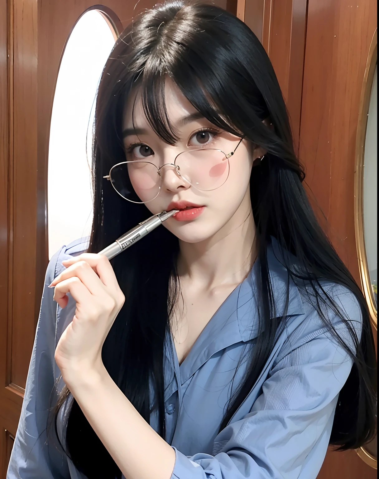 Woman in araffe with glasses and a pen in her hand, Ulzzang, coreana, With eye Glasses, Mulher sul-coreana bonita, Portrait of female Korean idol, linda mulher coreana jovem, Jaeyeon Nam, Modelo IG | Artgerm, Lee Ji-eun, Menina na vida real, Lee Ji - Eun, Atriz coreana bonito