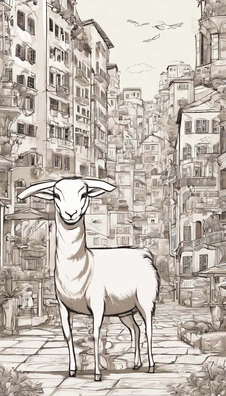 A commercial illustration with a good part in black and white, In the middle of it there is only one white lamb highlighted, muito peludo, standing out in the middle of the city due to its beauty. He finds himself alone in a city in which only he exists. O cordeiro possui um olhar muito fixo. It set near the center of the city in which the houses are light brown in color without much prominence, estilo bem rustico. The city is portrayed in a natural way, com casas de madeira ao redor. The image should have a natural style with fine strokes and neutral colors, A touch of manga. O cordeiro deve ser representado em detalhes, with his expression demonstrating purity and determination in his task. A imagem deve ser em preto e branco com alta qualidade, with a pencil and ink caricature drawing style, com cores neutras e leves. Certifique-se que o cordeiro seja bem branco com aspectos extremamente realista, but not artificial, symbolizing happiness and hope in the face of life's challenges.", 16k
