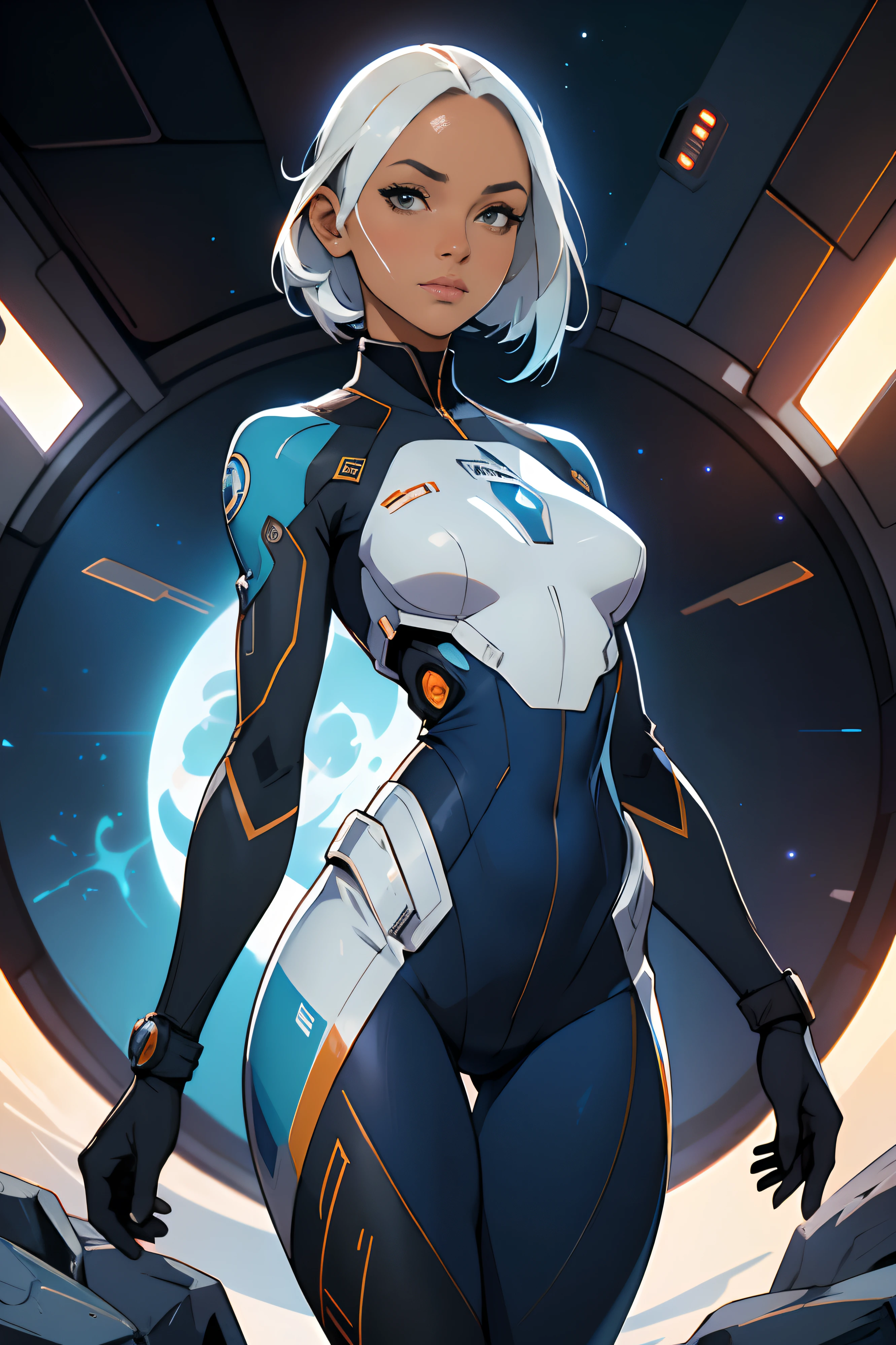 ((uma mulher com cabelos ruivos, pele azul natural)), vestindo um terno futurista, corpo inteiro, Traje Blindado Astronauta Menina, Anime Space Cadet Girl, Wojtek FUS, Epic science fiction character art, Epic Sci-Fi Character Art, arte conceitual digital detalhada, Artstation Trend, Trend at Artstation headquarters, Sci - science fiction character, thigh gap, small waist, slender thighs