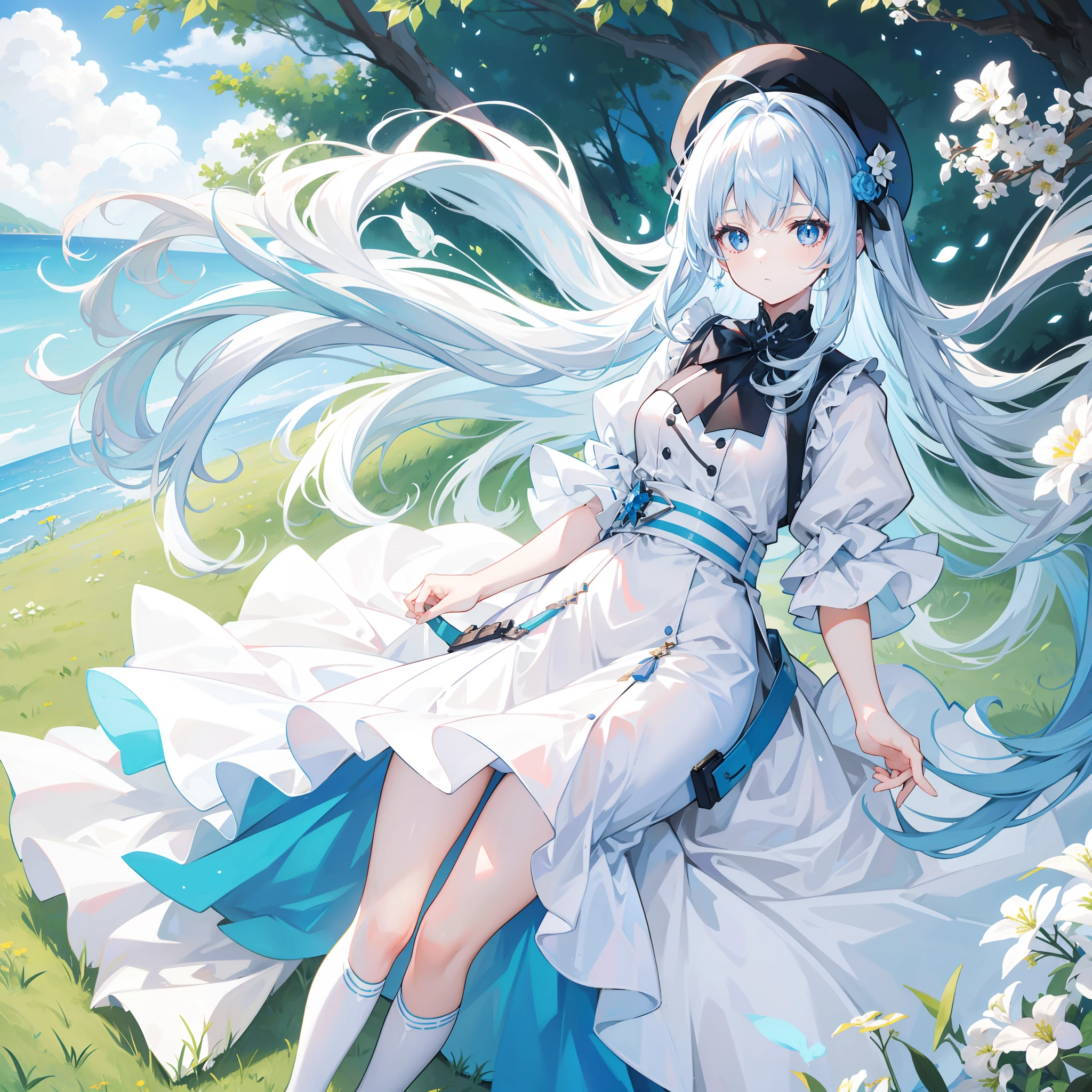 the vast grassland, A girl in a long white dress、I was standing alone in the distance and looking down,Blue pupil,White beret,Fine black stockings, Both hands are naturally placed behind the back.