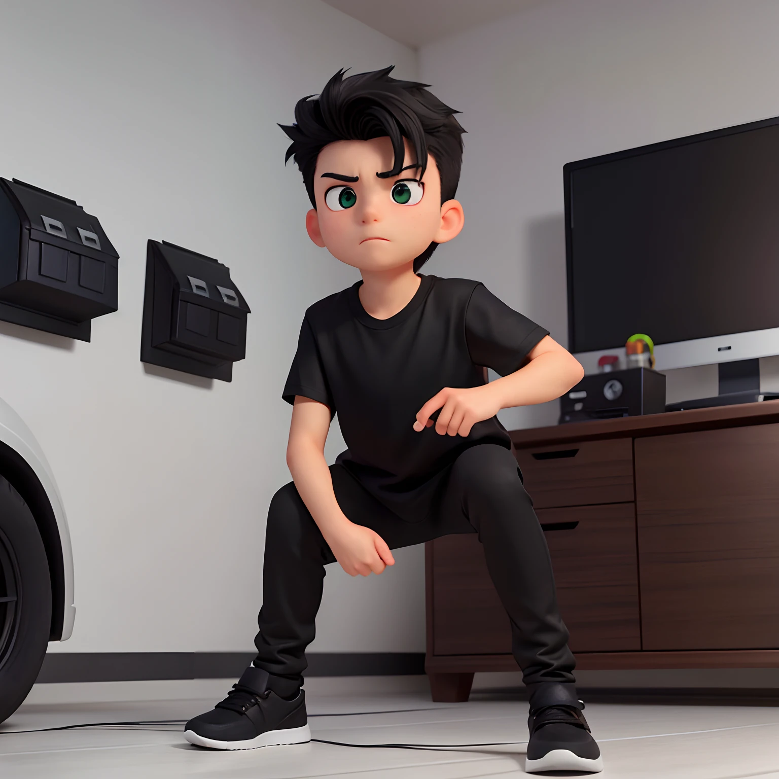 Boy , long black hair, black pants, black t-shirt, green dress shirt on top, hair combed to the side, black sneakers with white soles, heroic look, courageous, ready to face an enemy, high resolution, 8k, hard drive