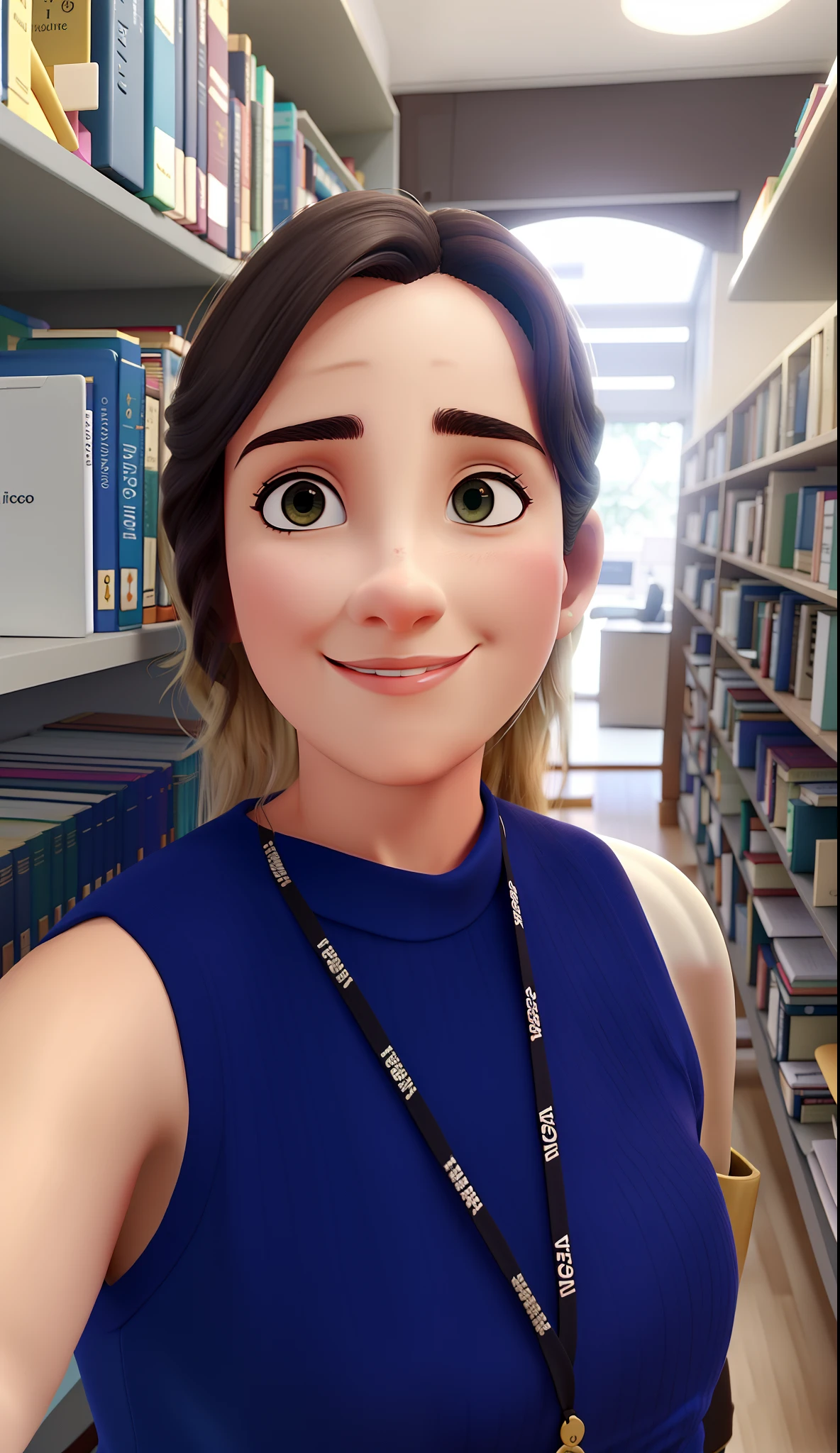 Uma mulher branca, cabelos curtos, e no fundo uma biblioteca com muitos livros, alta qualidade, melhor qualidade.