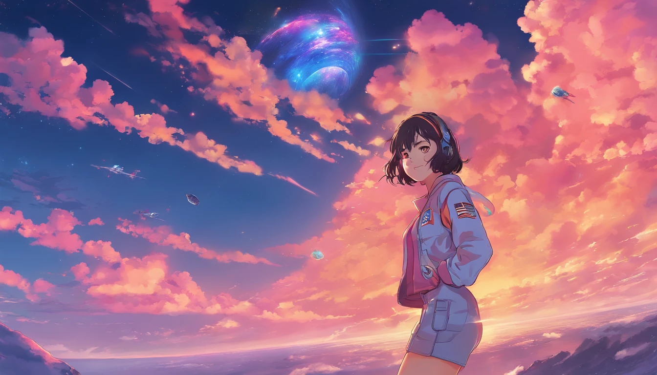 Anime Girl in space with text stop overthiking, dreamy psychedelic anime, esmagador, Elogio Artstyle, aesthetic award winning anime, Arte no estilo de Guweiz, arte em alta de anime, Transbordando, portrait anime space cadet girl, anime asthetic, anime inspiration, Arrogante, pixiv trending, anime aesthetic, ( ( Makoto Shinkai ) )