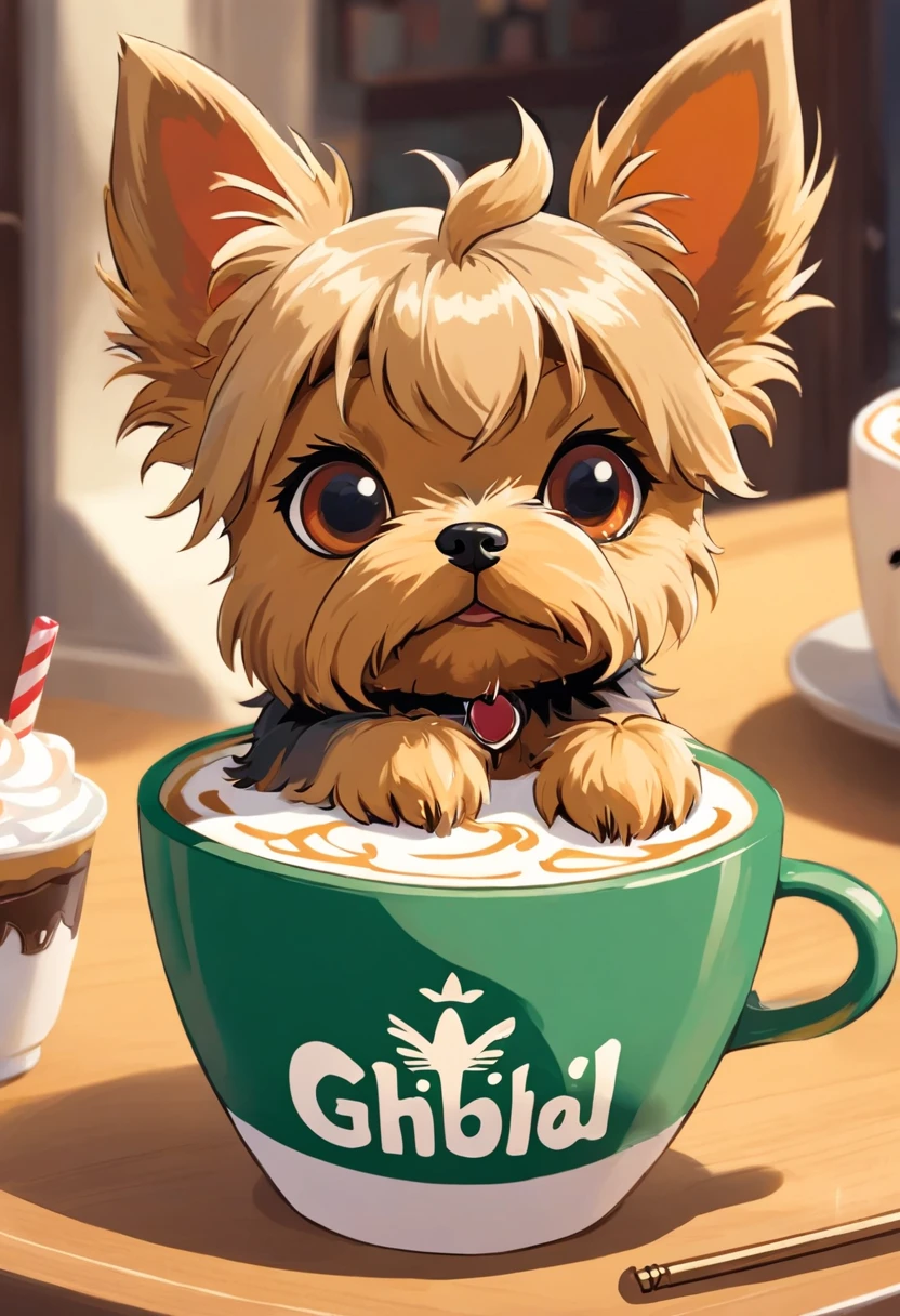 unique, Cartoonish playful cute Yorkshire terrier shaped cup, Fraappuccino colorido estilo Starbucks, Yorkshire Terrier logo.