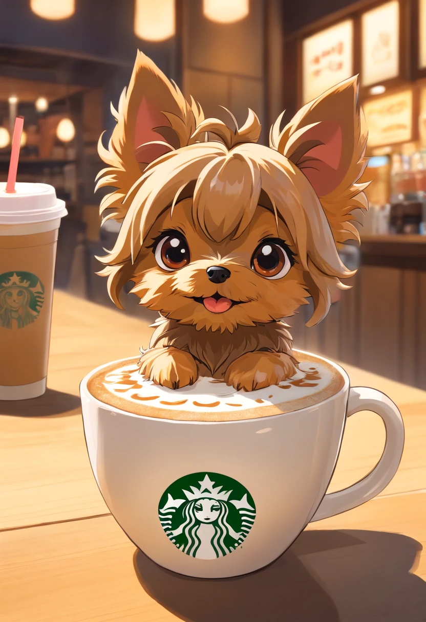 unique, Cartoonish playful cute Yorkshire terrier shaped cup, Fraappuccino colorido estilo Starbucks, Yorkshire Terrier logo.