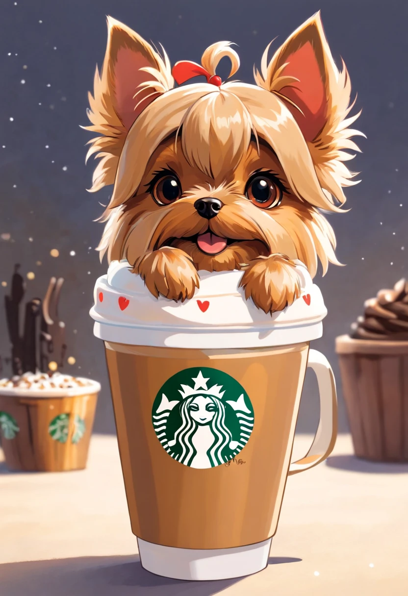unique, Cartoonish playful cute Yorkshire terrier shaped cup, Fraappuccino colorido estilo Starbucks, Yorkshire Terrier logo.