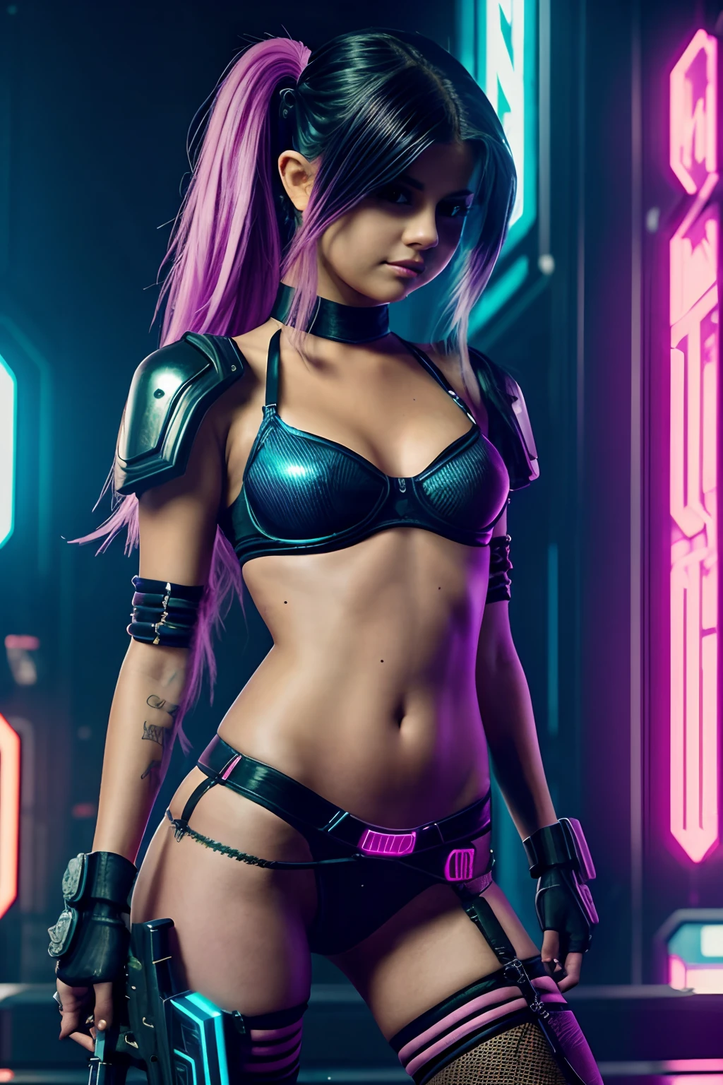 (((Selena Gomez))) dressed in cosplay of ((jinx))(front view) (open legs)araffe cosplaying with a gun and a colored outfit, jinx from league of legends, jinx from arcane, vi from league of legends, cyberpunk, vi from arcane, cyberpunk angry gorgeous goddess, arcane jinx, in cyberpunk style, seductive cyberpunk dark fantasy, oppai cyberpunk, cyberpunk 2 0 y. o model girl, cyberpunk vibes, fit belly, skinny, bare belly, mini top, panties is to small, mini thong, mini panty (one knee on the floor), hair color blue and pink