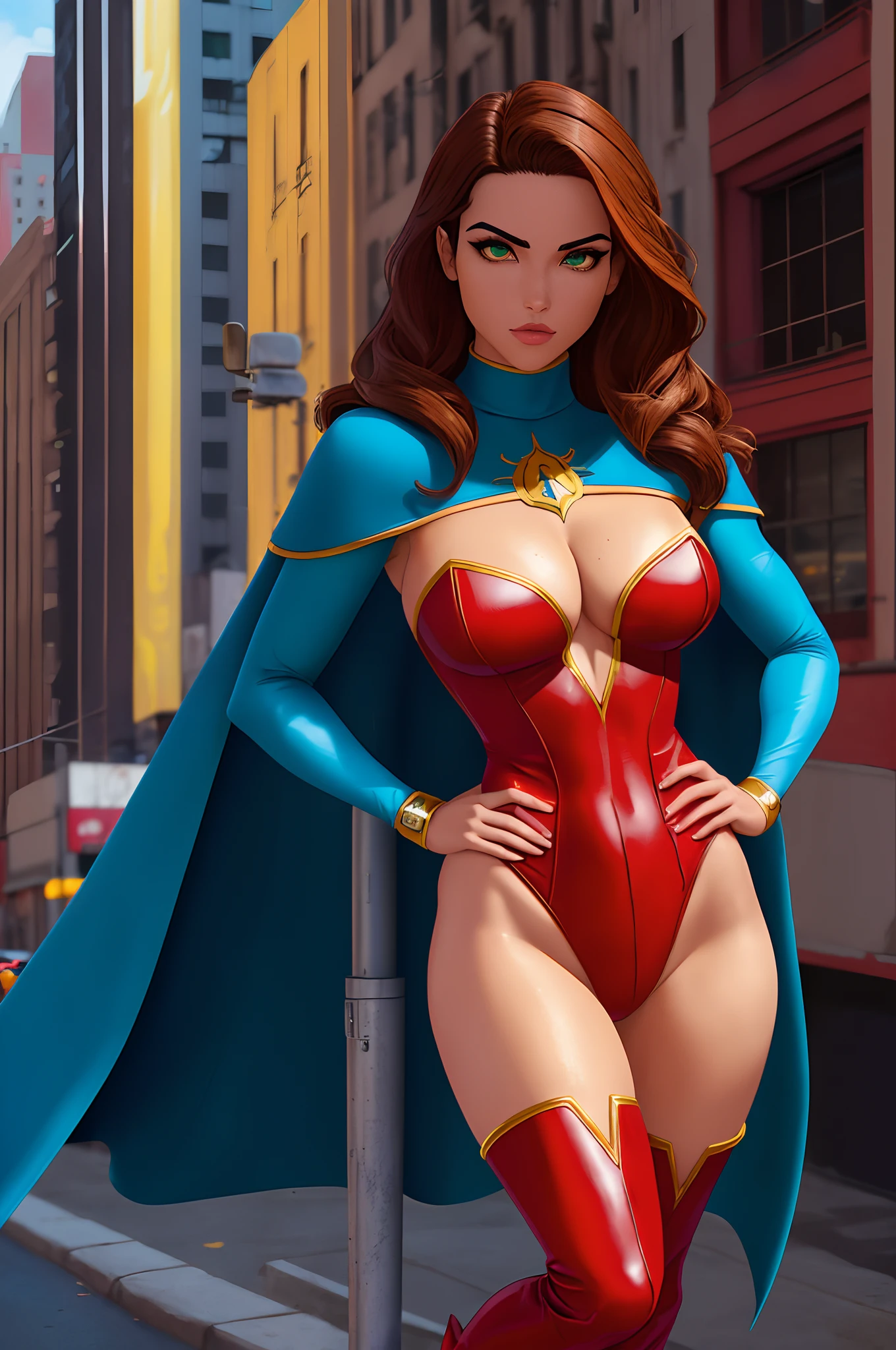 ((best quality)), ((master part)), ((ultra realistic)), (Dynamic Heroic Pose), ((sozinho)), americano, Rosto bonito e detalhado, Olhos detalhados, Sexy reporter, ((malha vermelha, mangas compridas azuis com punhos vermelhos)), New York City scenery, altamente detalhado, profissional, pernas nuas, (Figurino de corpo inteiro), hands on hip, Standing, brown hair, medium hair, olhos verdes, (Botas combinando coxa-altura), (Yellow falcon-shaped crest engraved on chest), Cabo Azul, Mid-neckline cutout, turtleneck