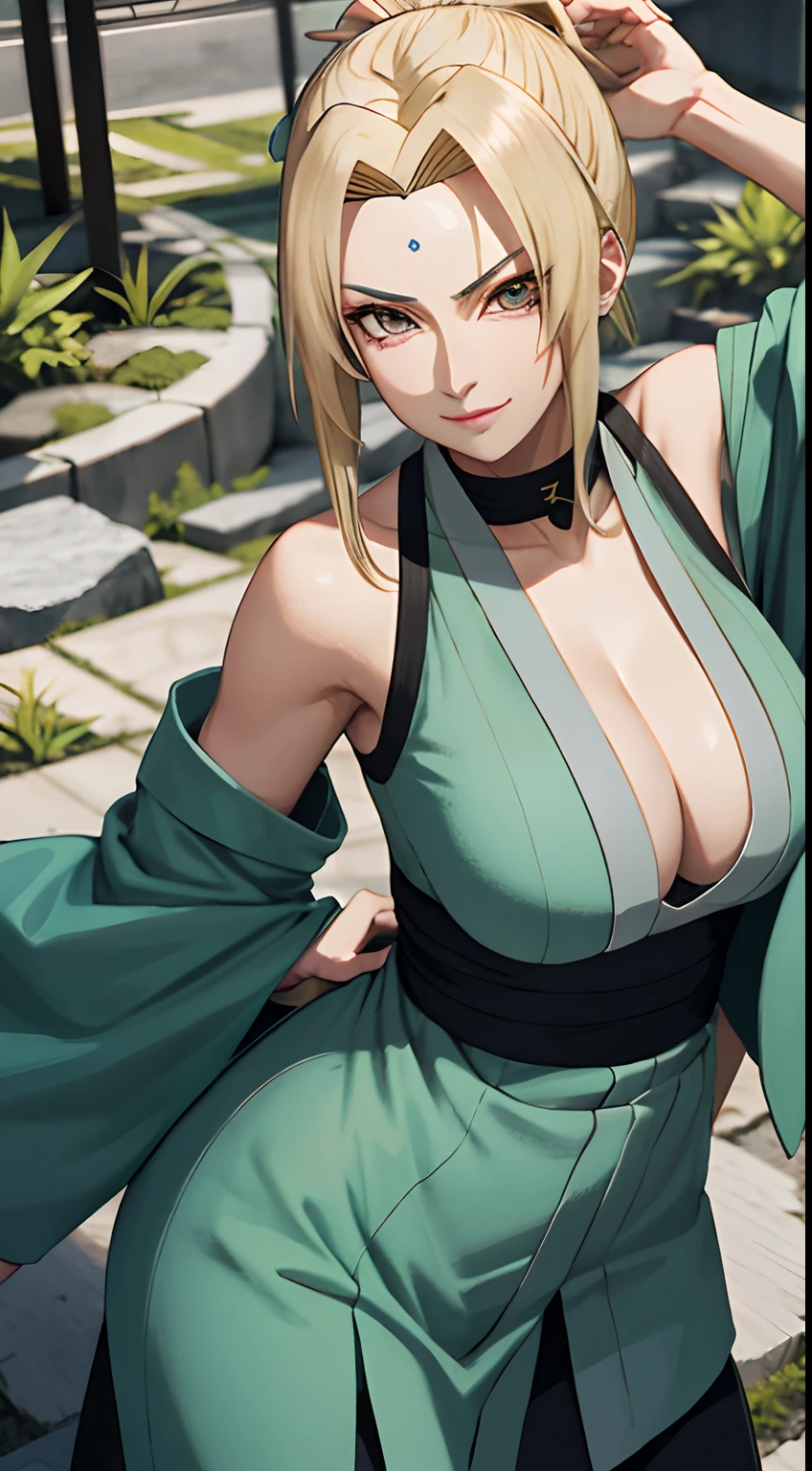 Tsunade Senju, Bela, obra prima, extremamente detalhado, melhor qualidade, best ilumination, melhor sombra, rosto perfeito, olhos castanhos brilhantes, marca azul na testa, usando um quimono cinza com um cinto vermelho e uma jaqueta verde, 1 girl, peitos grandes, bunda grande, inclinada pra frente olhando para o expectador, em konoha,