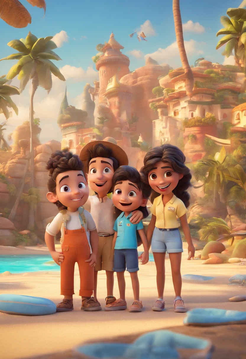 Cartoon of fellow friends having fun on vacation together, 3D Animation Movie Poster, Animated Movie Poster, pixar 3 d animation style, pixar renderman rendering, Maia 8 mil, animated film, Disney Pixar Estilo 3D, amigos felizes saem juntos, all wearing light blue shirts and cream brown long pants, Camisa azul clara, cream brown pants, ao ar livre, vacation, Disney Pixar Animation Poster