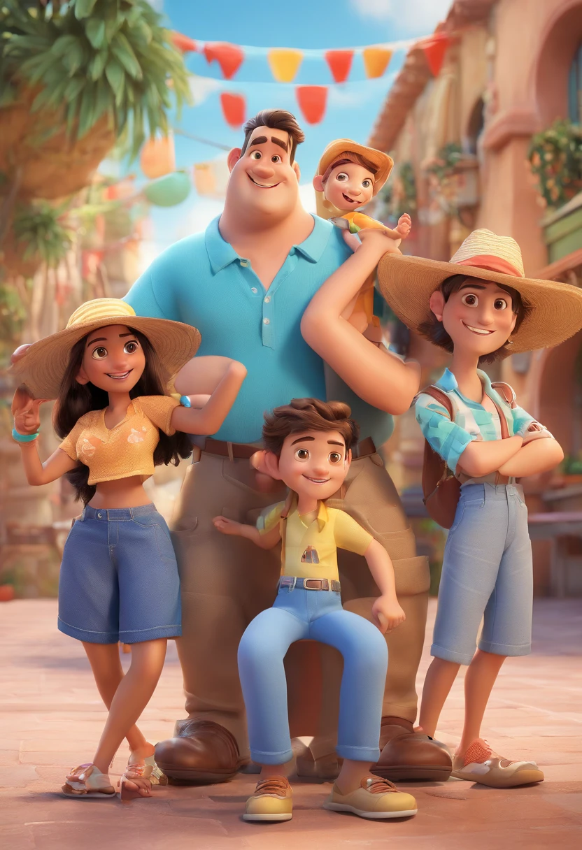 Cartoon of fellow friends having fun on vacation together, 3D Animation Movie Poster, Animated Movie Poster, pixar 3 d animation style, pixar renderman rendering, Maia 8 mil, animated film, Disney Pixar Estilo 3D, amigos felizes saem juntos, all wearing light blue shirts and cream brown long pants, Camisa azul clara, cream brown pants, ao ar livre, vacation, Disney Pixar Animation Poster