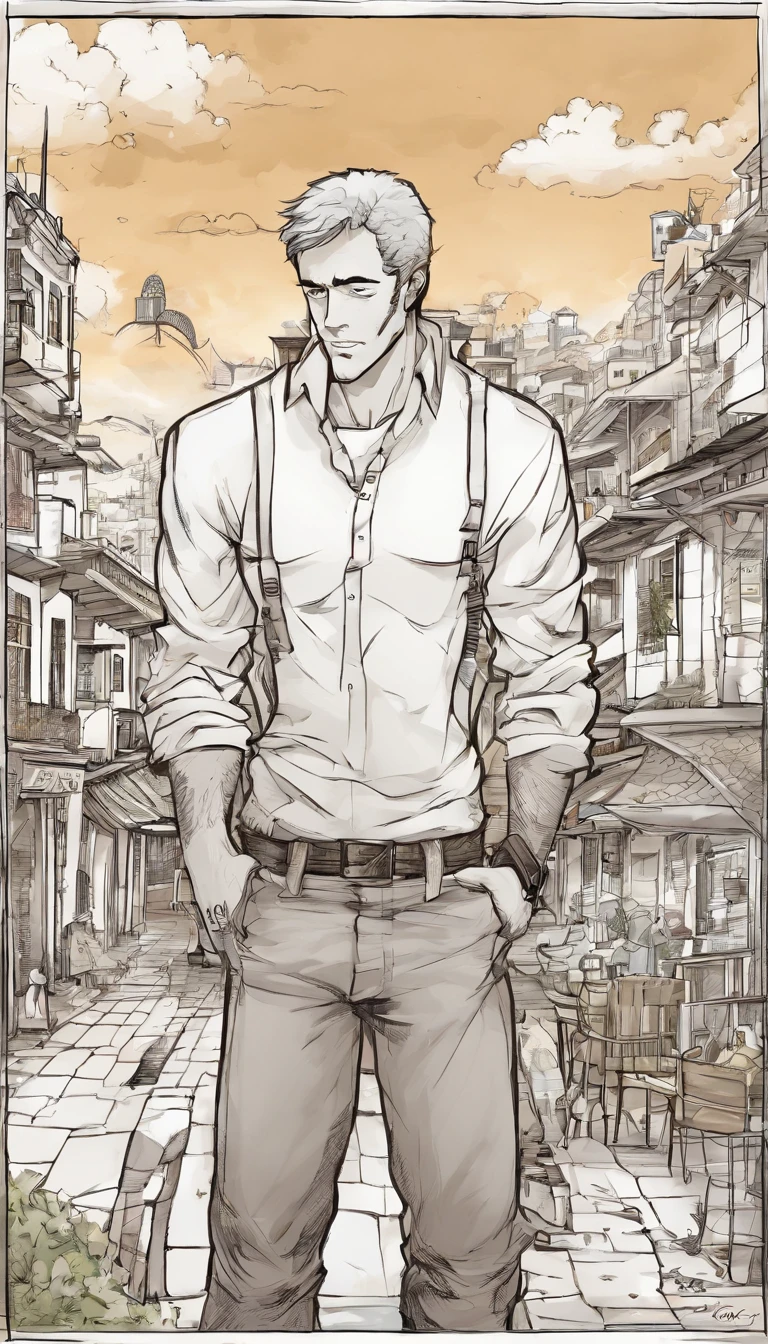 A commercial illustration with a good part in black and white, In the middle of it there is only one white lamb highlighted, orelhas pequenas, Normal size neck for its species and very hairy, standing out in the middle of the city due to its beauty. He finds himself alone in a city in which only he exists. O cordeiro possui um olhar muito fixo. It set near the center of the city in which the houses are light brown in color without much prominence, estilo bem rustico. The city is portrayed in a natural way, com casas de madeira ao redor. The image should have a natural style with fine strokes and neutral colors, A touch of manga. O cordeiro deve ser representado em detalhes, with his expression demonstrating purity and determination in his task. A imagem deve ser em preto e branco com alta qualidade, with a pencil and ink caricature drawing style, com cores neutras e leves. Certifique-se que o cordeiro seja bem branco com aspectos extremamente realista, but not artificial, symbolizing happiness and hope in the face of life's challenges.", 16k