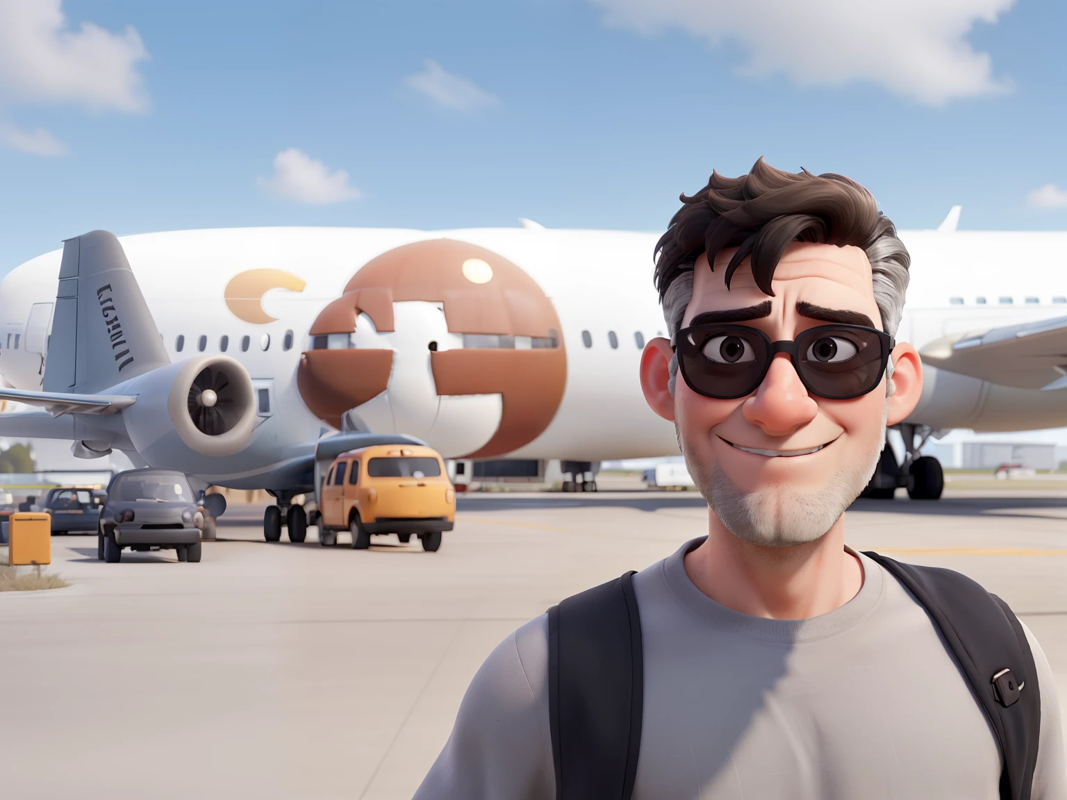 Create a black and bland poster, in the Disney Pixar style, of a thin white man, with a serious appearance, with thinning black hair, brown eyes and small ears, a gray beard, wearing sunglasses, in the boarding area of an airport, with the plane very blurred in the background. This man will not be smiling. The lighting must be dramatic, the light very diffuse coming from the side, the day will be cloudy but the sky will not appear.