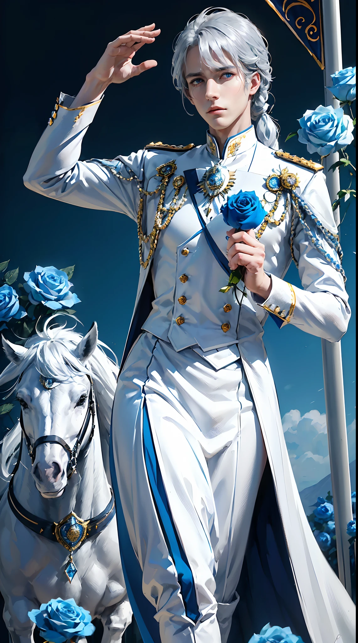 Royal man, (((elegant pose)))young noble man, silver hair, light blue eyes, tall and handsome body posture, handsome face, European nobleman, white noble uniform,  His shirt has a royal unicorn logo on it. pose holding a rose while saluting the nobleman, mansion background. HD color and balance, dark atmosphere with many effects. (((Blue rose))).(((Palestinian flag background)