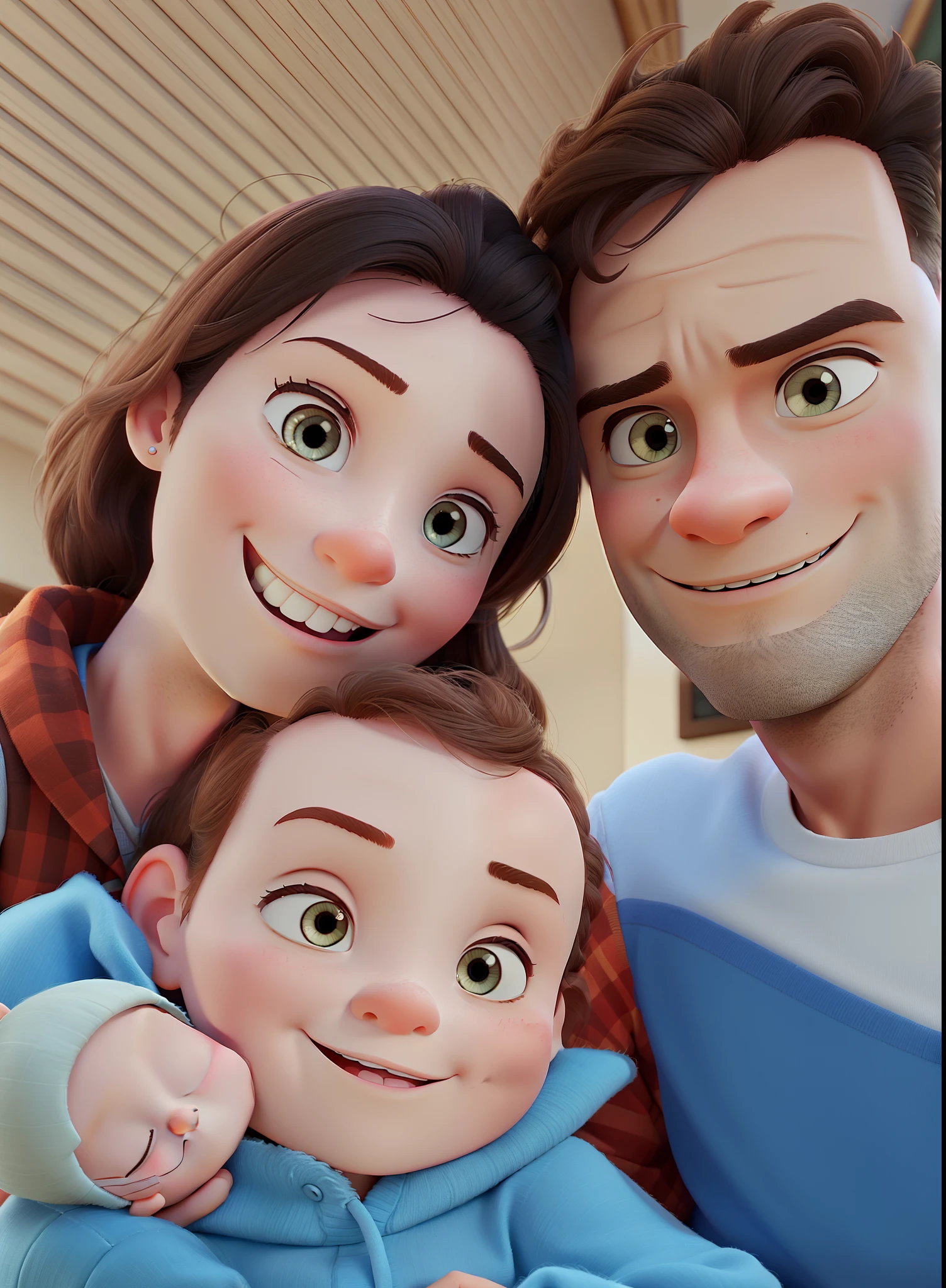 A man and woman holding a in the Disney pixar style