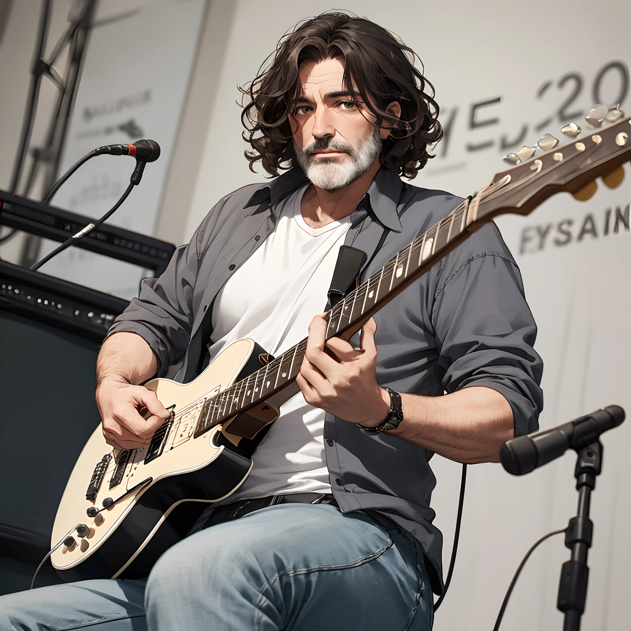 Create an image 40 year old man with gray beard, curly hair, brunette, playing guitar