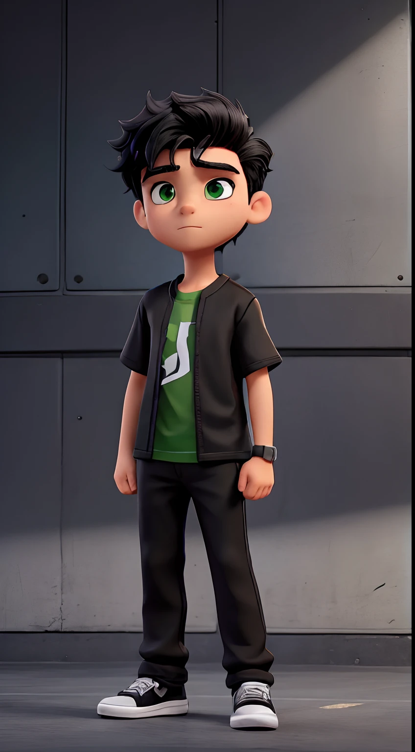 Boy , black hair, black pants, black t-shirt, green dress shirt on top, hair combed to the side, black sneakers with white soles, heroic look, courageous, ready to face an enemy, high resolution, 8k, hard drive