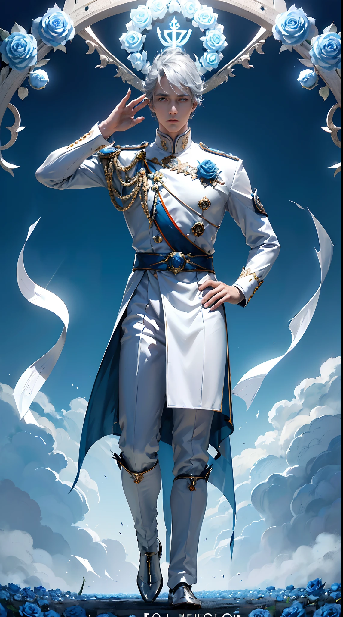 Royal man, (((elegant pose)))young noble man, silver hair, light blue eyes, tall and handsome body posture, handsome face, European nobleman, white noble uniform, His shirt has a royal unicorn logo on it. pose holding a rose while saluting the nobleman, mansion background. HD color and balance, dark atmosphere with many effects. (((Blue rose))).(((Palestinian flag background)
