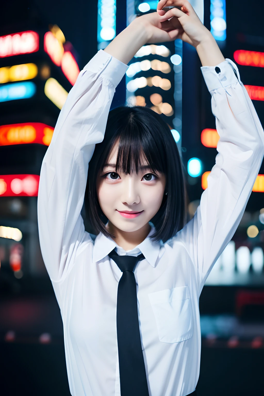 (1girl in),Japan at 25 years old,Medium head of black hair, Black tie,White shirt with long sleeves,Black pants,In the background, it is dark with a cyber factory lit up in blue,Jumping and spreading arms pose、Amazing face and eyes, ((Best Quality)), (Ultra-detailed), (extremely detailed CG unified 8k wallpaper), Highly detailed, High-definition raw color photos, Professional Photography,Jumping and spreading arms pose