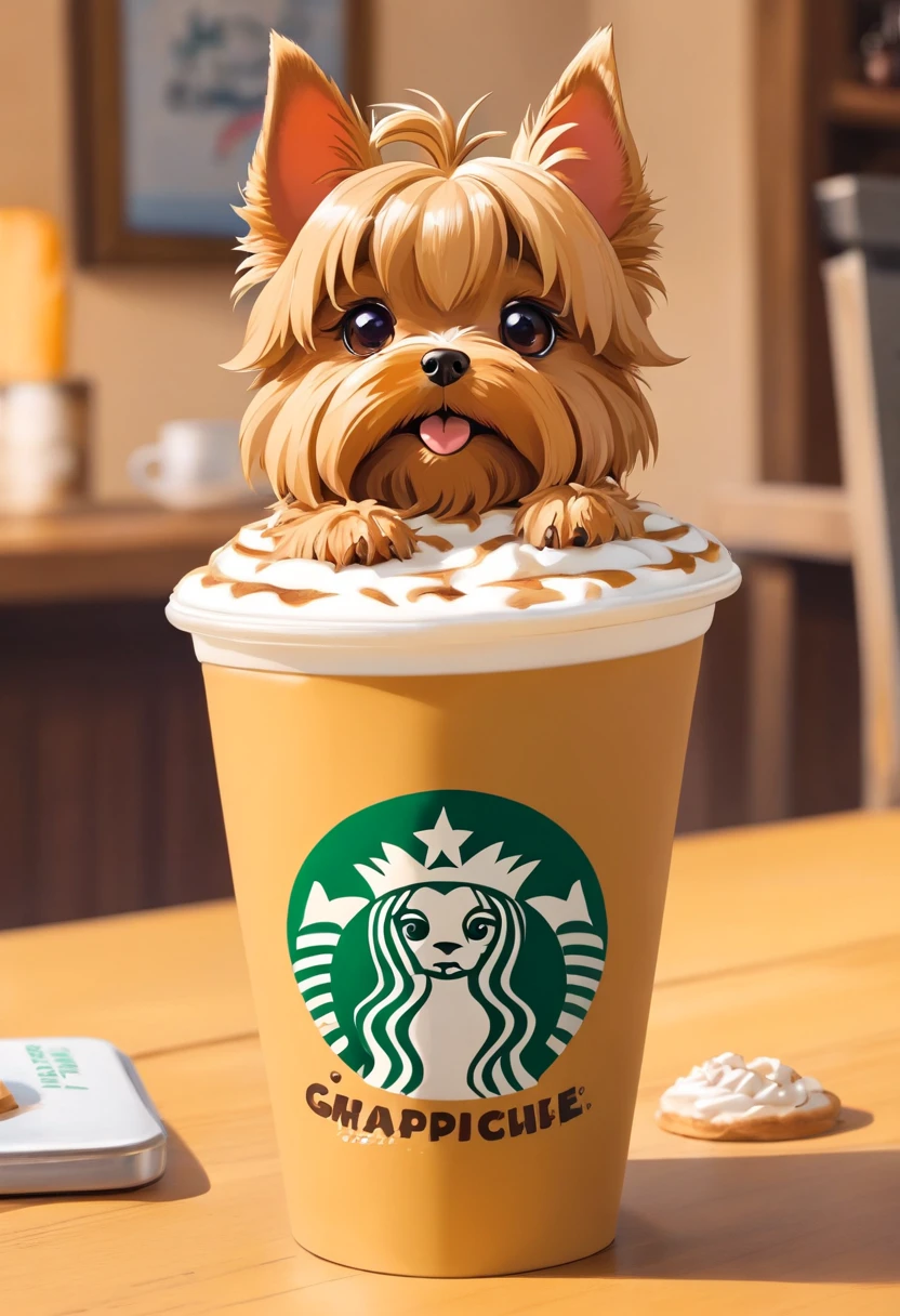 unique, Cartoonish playful cute Yorkshire terrier shaped cup, Fraappuccino colorido estilo Starbucks, Yorkshire Terrier logo.